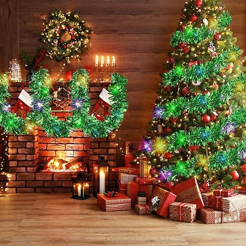 Miniatura 5 de Guirnalda de oropel de Navidad preiluminada de 19.7 pies, guirnalda de oropel metálico verde con luces LED, funciona con pilas, guirnalda de