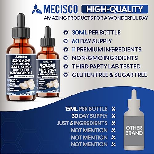 Miniatura 5 de Suplemento de gotas líquidas de hongos 11 en 1 con melena de leones Ashwagandha cola de pavo Cordyceps Reishi Chaga Shitake Maitake, Agaricus,
