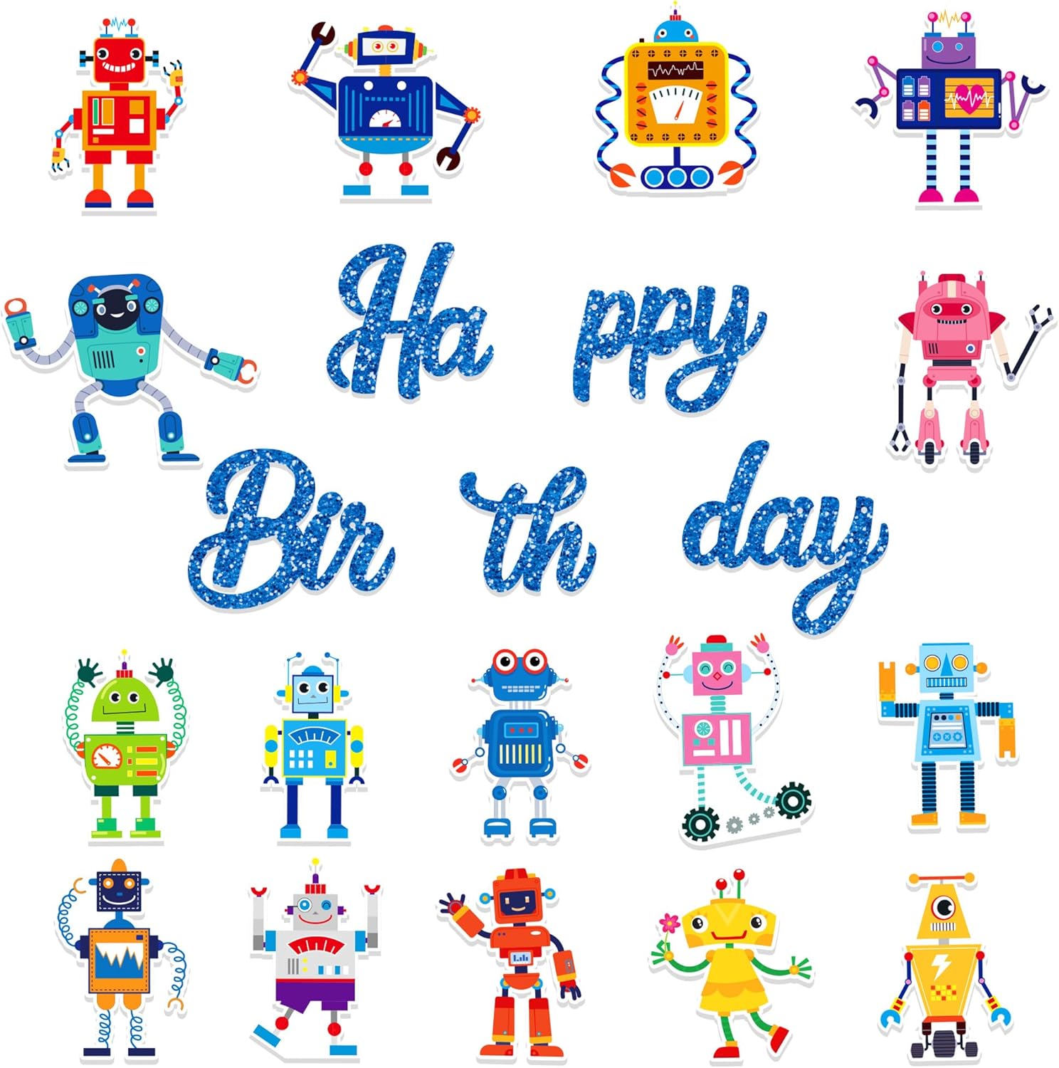 3Pcs Fun Robot Birthday Party Banner Cartoon Decorations Pink Robot Happy Birthday Banner Robots Banners Sign for Cartoon Baby Shower Party Supplies