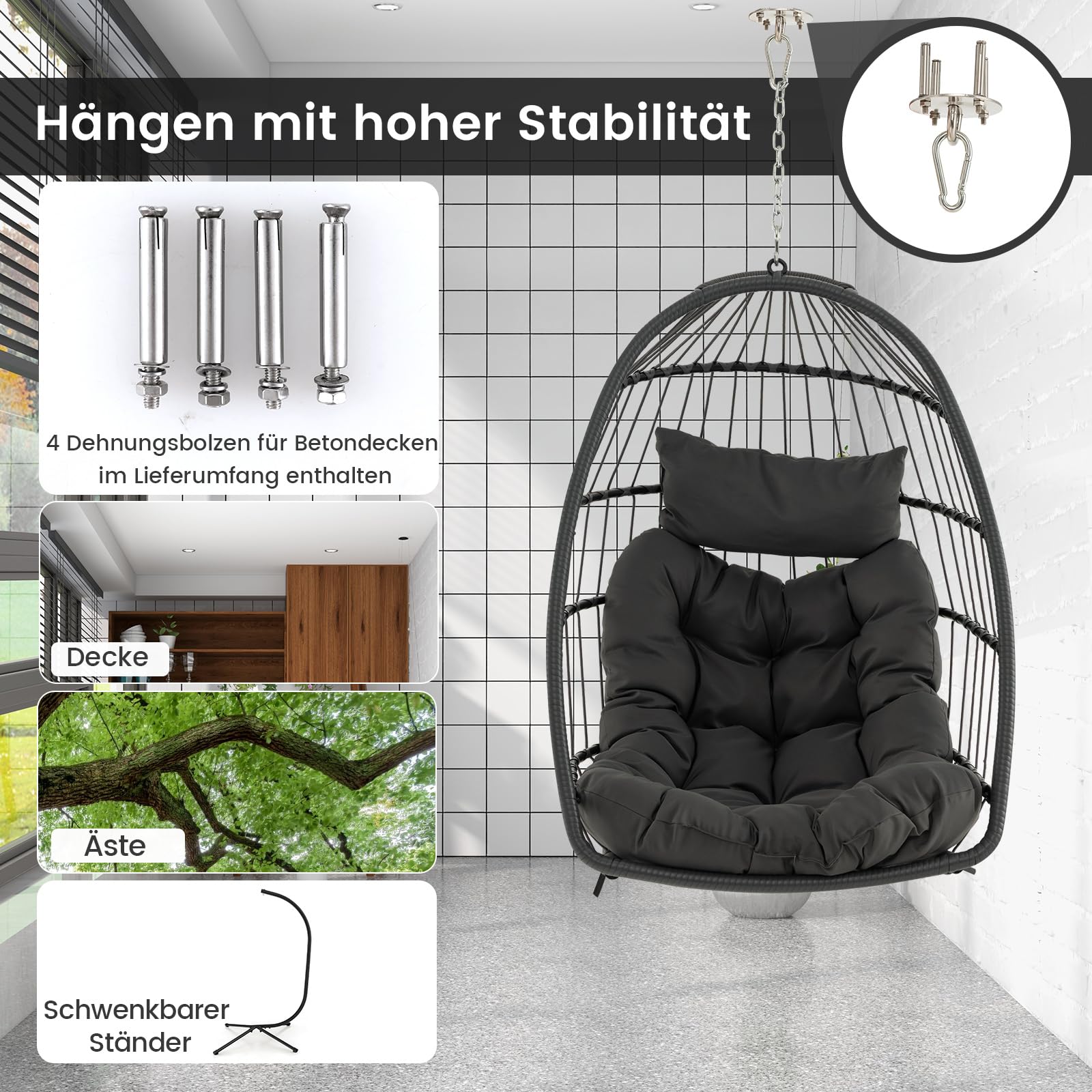 COSTWAY Hängesessel, Faltbarer Hängekorb Sessel aus PE-Rattan mit weichem Kissen, Hängeschaukel, Hängesitz mit Hängezubehör, Hängestuhl für Indoor und Outdoor, Grau
