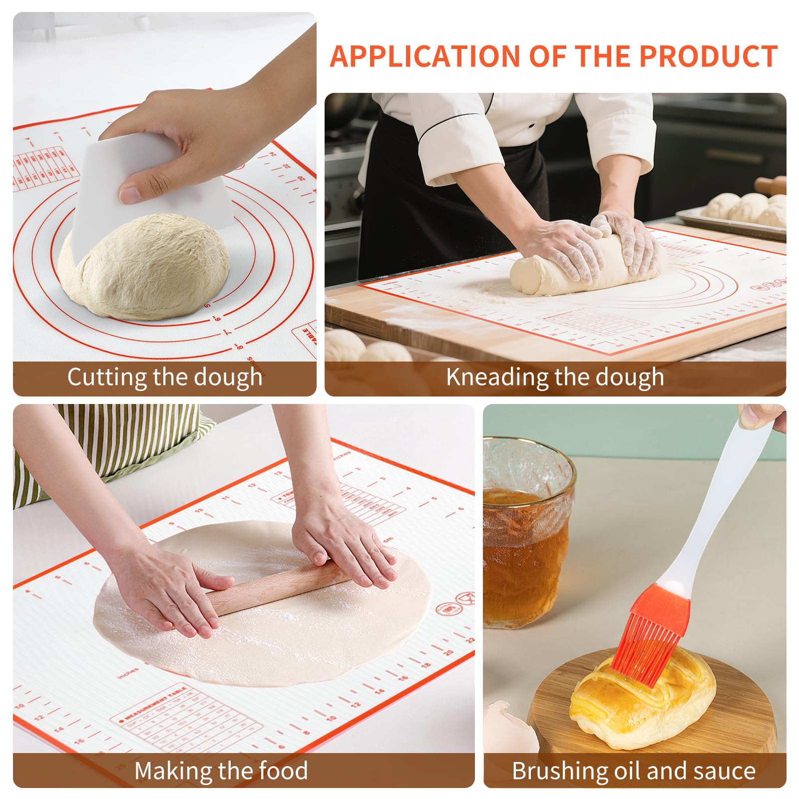 4er Set Nudelholz und Backmatte mit Backpinsel & Teigschaber, Antihaft-Silikon-Backmatte und Hölzerne Teigrolle zum Backen für Teig Brot Pizza Gebäck Plätzchen