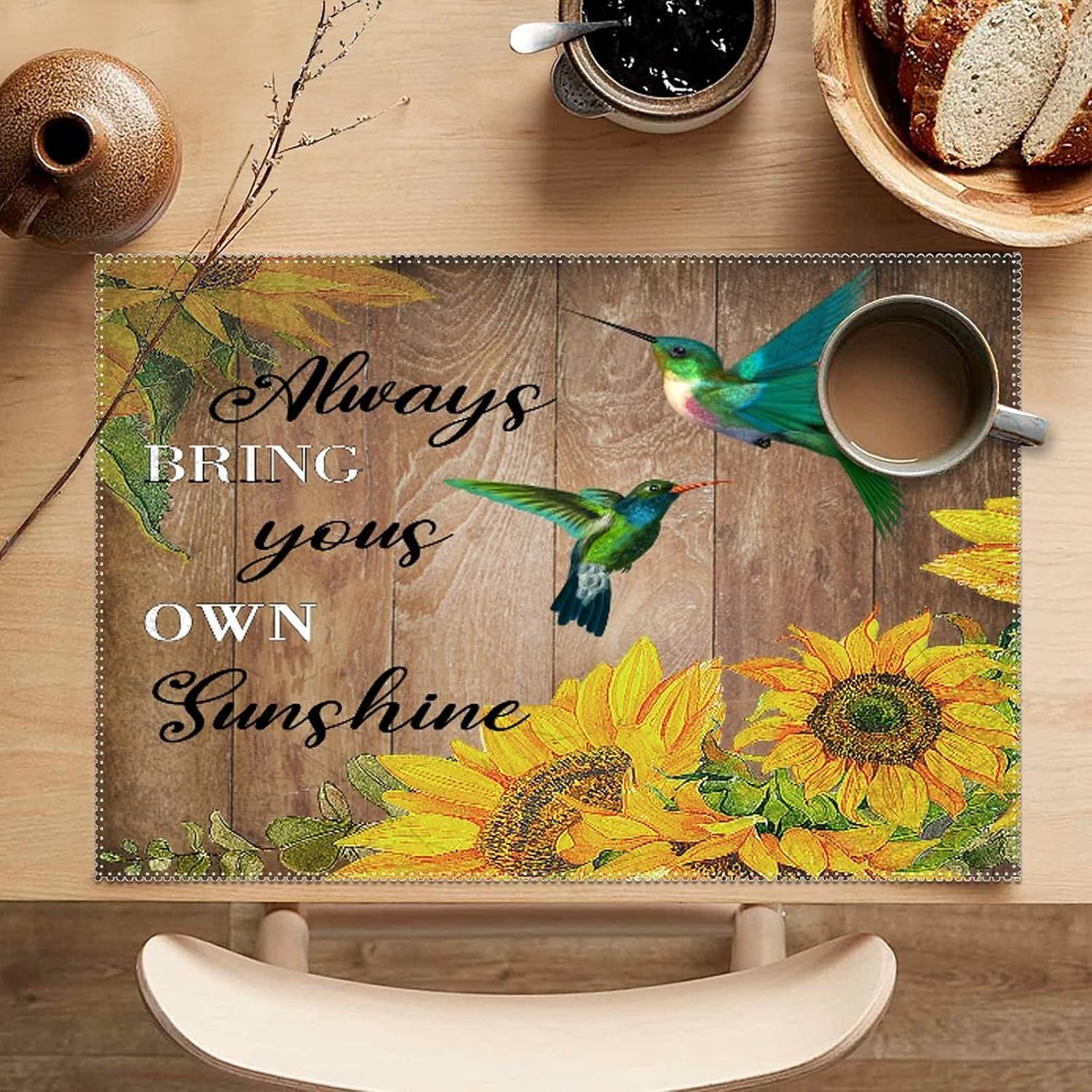 Always Bring Yours Own Sunshine Place Mats Set of 6 Hummingbird Sunflower Inspirational Quotes Table Mat Kitchen Table Mats Table Decoration Holiday Banquet Kitchen Dining