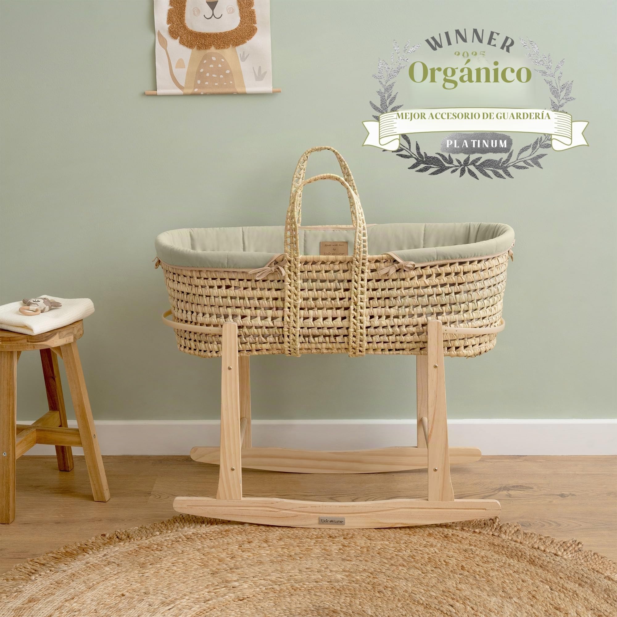 Clair de Lune Moisés orgánico Palm con Soporte mecedor Natural, galardonado moisés para bebé, 75 x 28 cm (Verde Salvia)