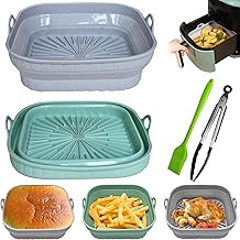 ️ 2 Reusable Foldable Silicone Air Fryer Molds + Kitchen Tongs + Pastry Brush | Air Fryer Accessories | Air Fryer Molds | Silicone Airfryer (Green+Grey)