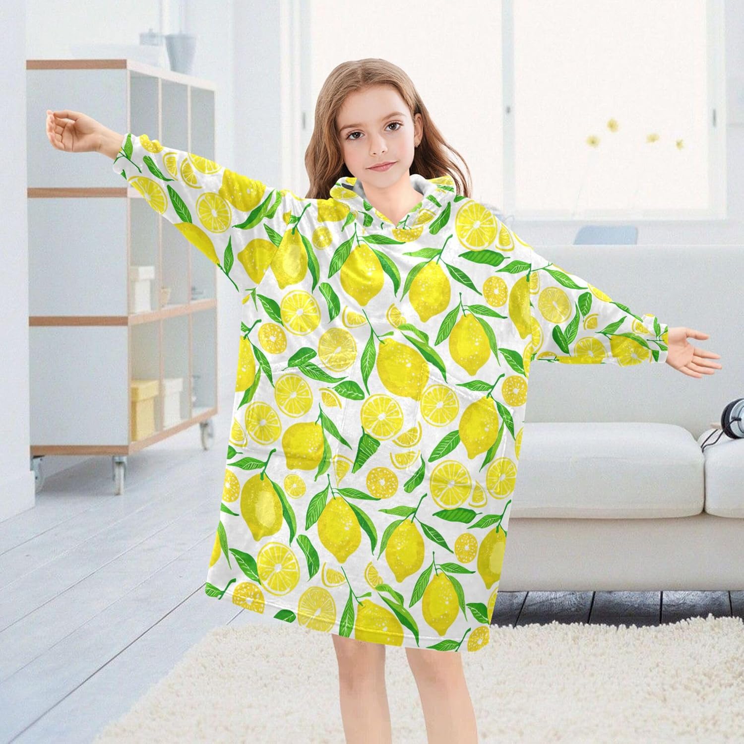 Lemon Fruit Summer Kids Wearable Blanket Hoodie with Pocket and Sleeves for Toddlers, Cute Hoodies Girls Boys