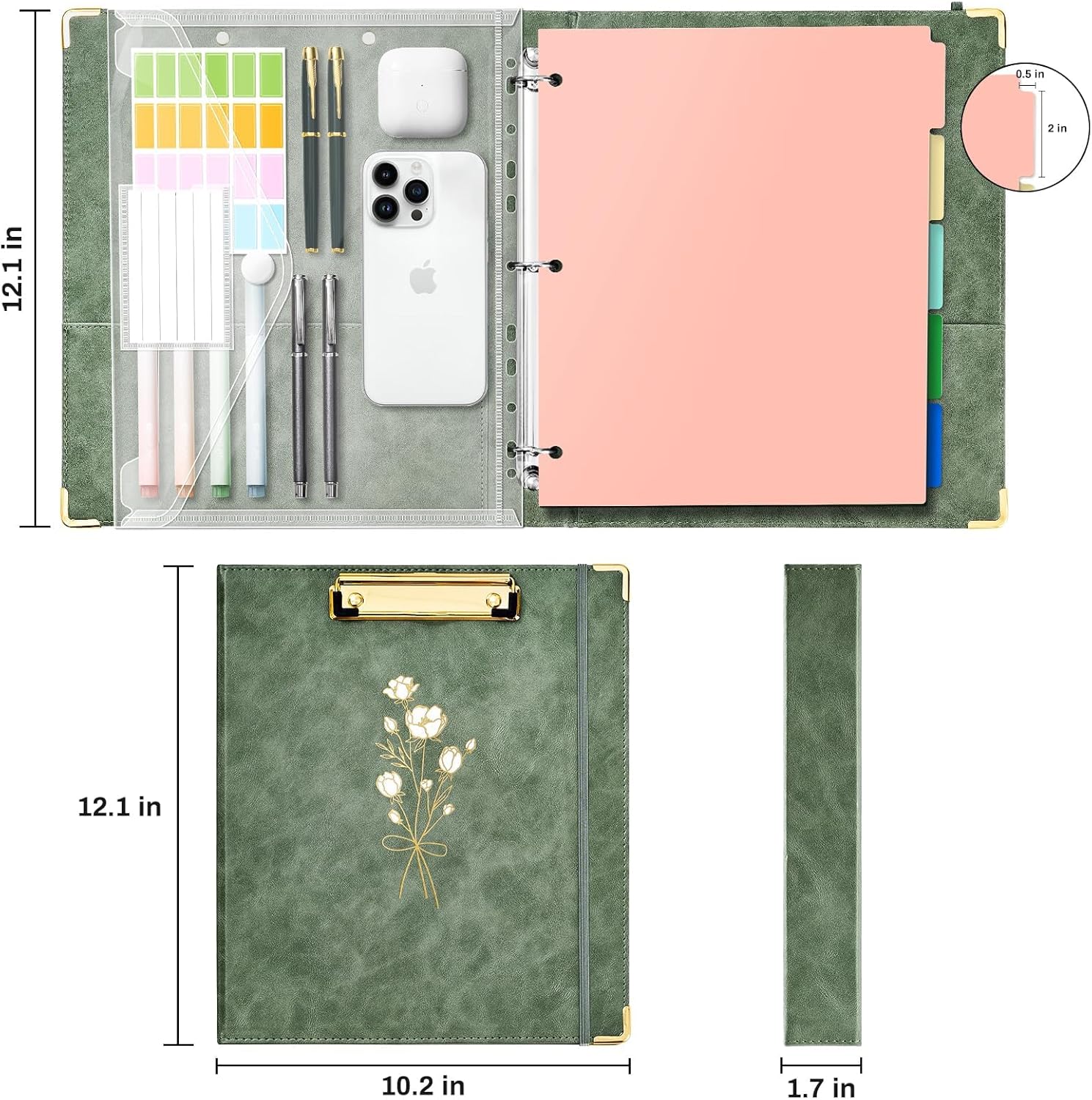 Ovesmusl 1 Inch 3 Ring Binder with Clipboard Leather Round Ring Binder with 5 Dividers, Plastic Folder, 400 Divider Stikers, Fits 175 Sheets 8.5"x11" Letter Size Paper