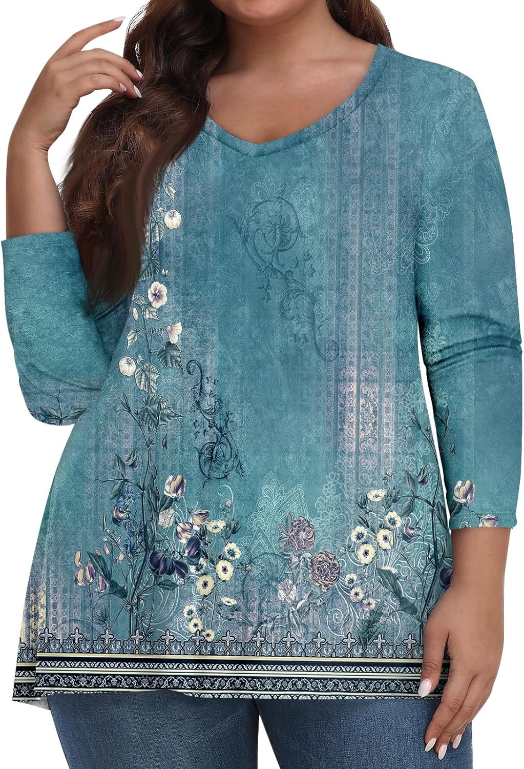 Plus Size Tops for Women Dressy 3/4 Sleeve Womens Top Flower Print