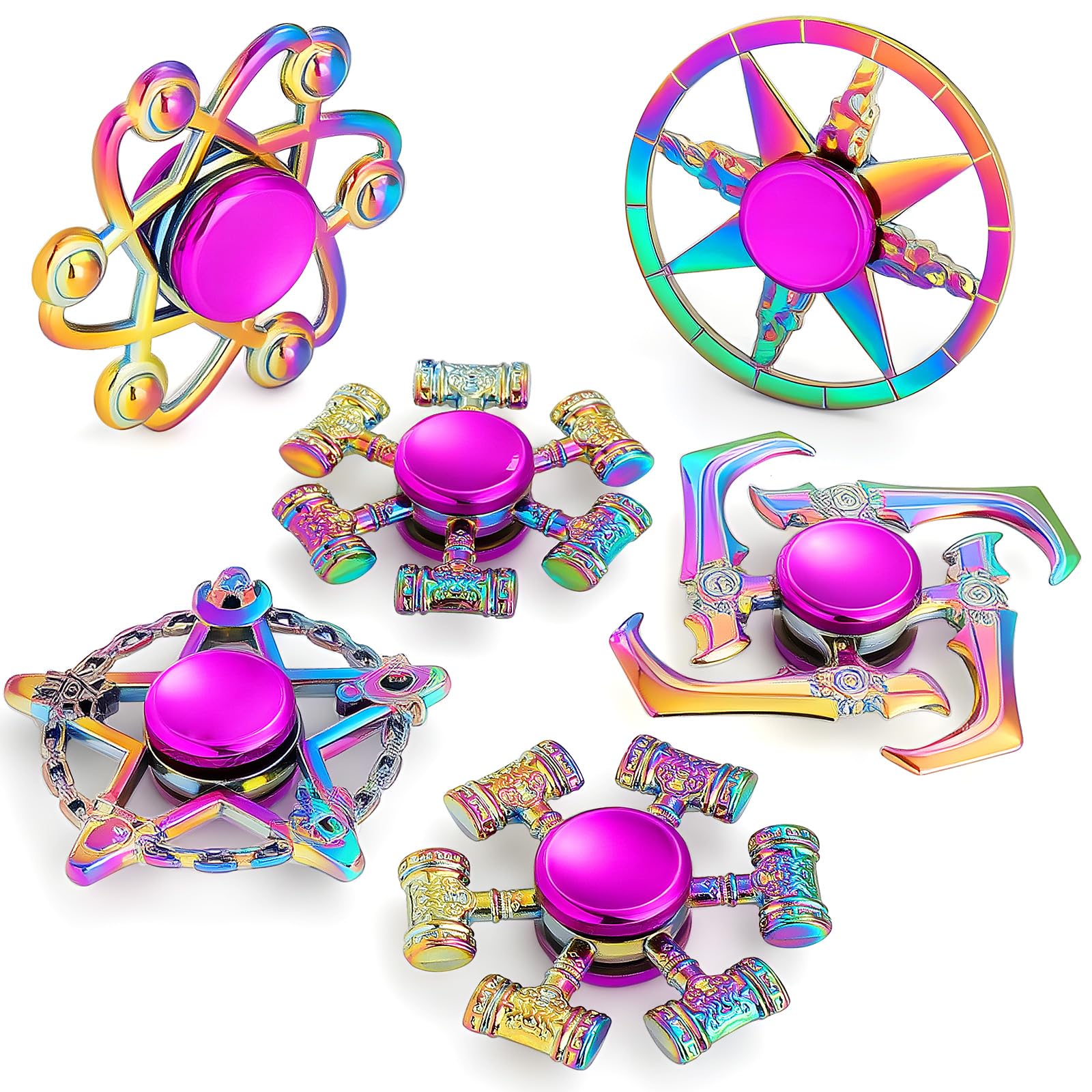 SCIONE 6 Pack Metal Fidget Spinners, Rainbow Alloy Sensory Toys for Anxiety Stress Relief, 2-3 Min High Speed Spin Fidget Pack, Unique Fingertip Gyro for Kids Adults,Classroom Prizes Party Bag Fillers
