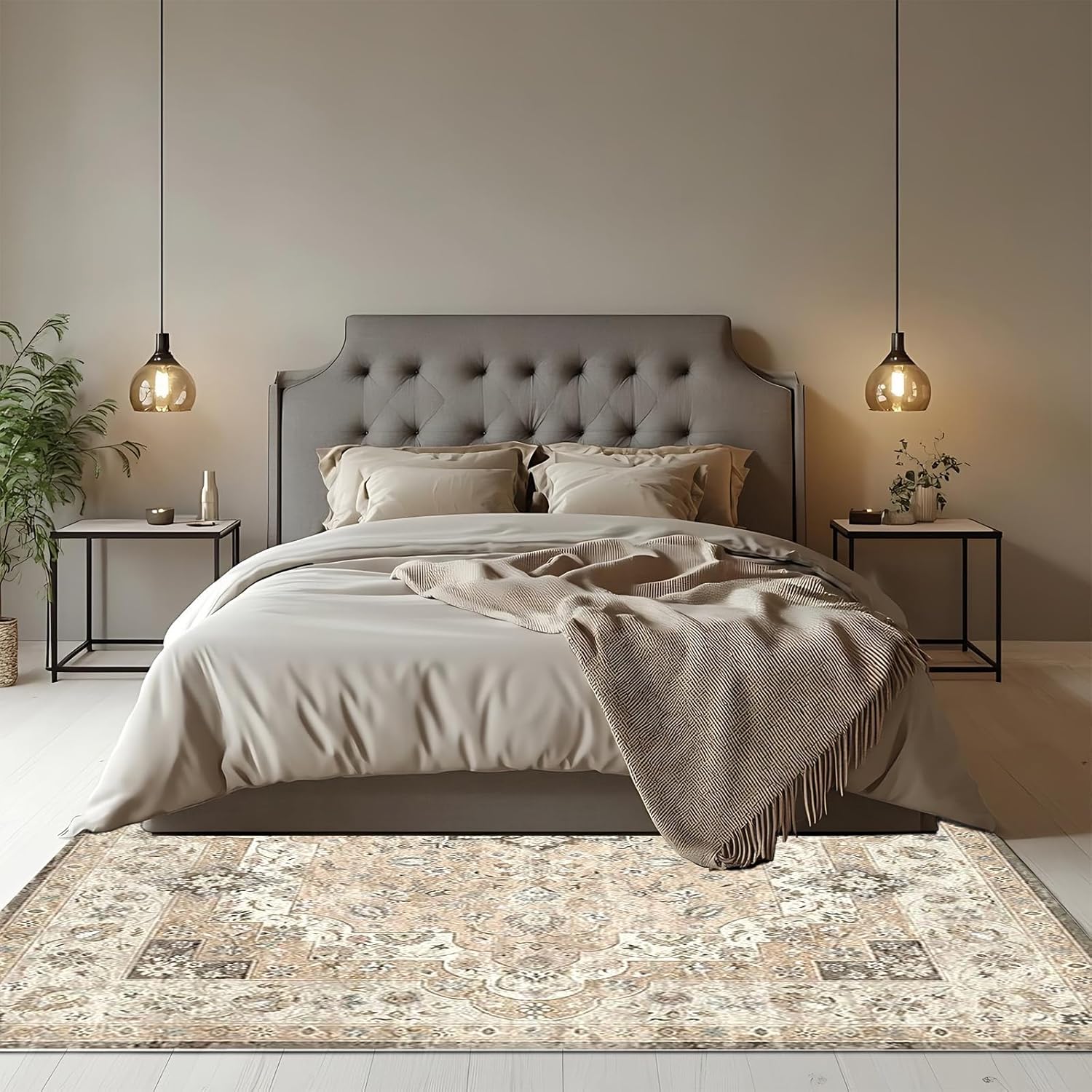 Petmolico Beige Area Rugs for Living Room,5x7 Faux-Cashmere Washable Carpets for Bedrooms, Vintage Foldable Kitchen Area Rug Thin Accent Rug (Beige)