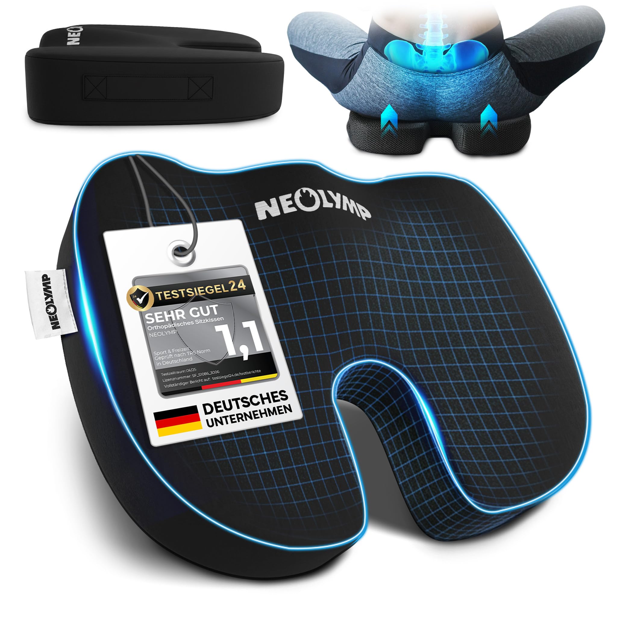 NEOLYMP Orthopädisches Sitzkissen – Memory Foam Kissen mit Steißbein-Aussparung – Ergonomisches Design für Büro, Auto & Reisen – 3 Härtegrade für Sitzkomfort (Schwarz, Fest | 80-130 kg)