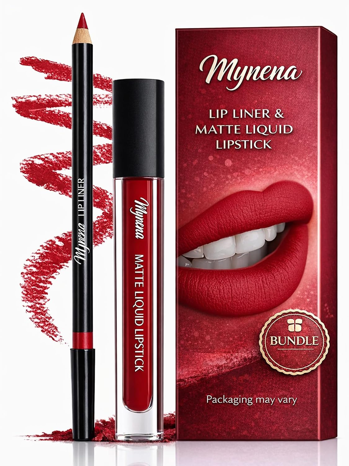 Mynena Ultra-Matte Amaranth Red Lip Bundle - Precision Waterproof Lip Liner & Liquid Lipstick Set
