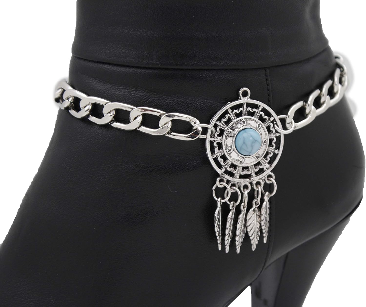 TrendyFashionJewelry TFJ Women Band Boot Silver Metal Chain Bracelet Turquoise Blue Bead Shoe Feathers Charms
