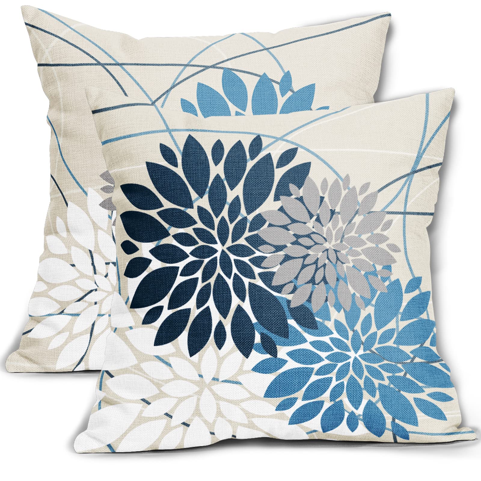 Sweetshow Blue Pillow Covers 18x18 Inch Dahlia Flower Dark and Light Blue Colored Pillow Case Farmhouse Outdoor Decor for Home Bedroom Living Room