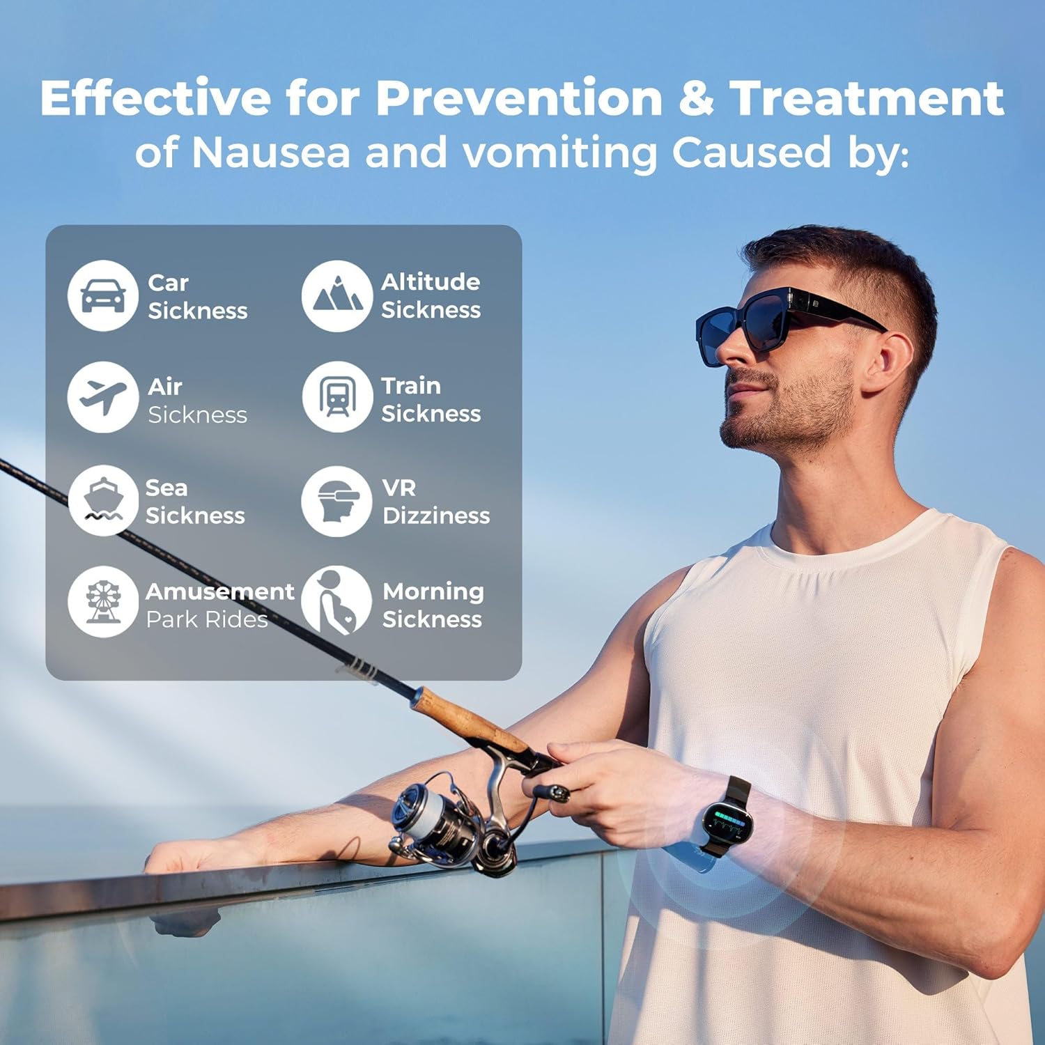 EmeTerm Smart FDA-Cleared Anti-Nausea Wristwatch Touchscreen IP67 Waterproof Morning Motion Sickness Relief Rechargeable Fast Acting Drug Free (Black - Extra 2pack Conductive Gel)