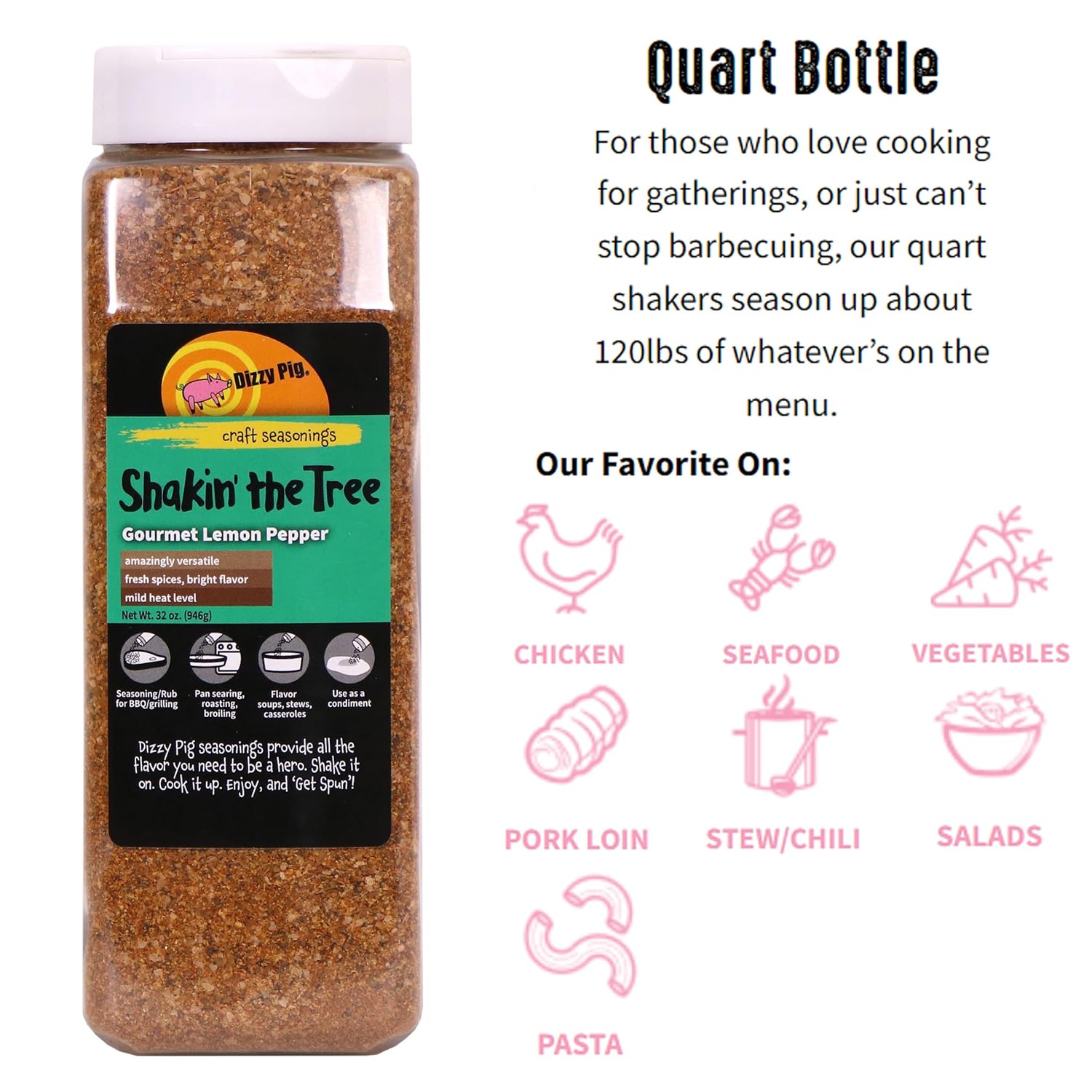 Dizzy Pig Shakin' the Tree Gourmet Lemon Pepper Seasoning Rub (Quart Shaker) - Seasons Around 120lbs of Food - Hand Made in the USA - MSG Free, Gluten Free