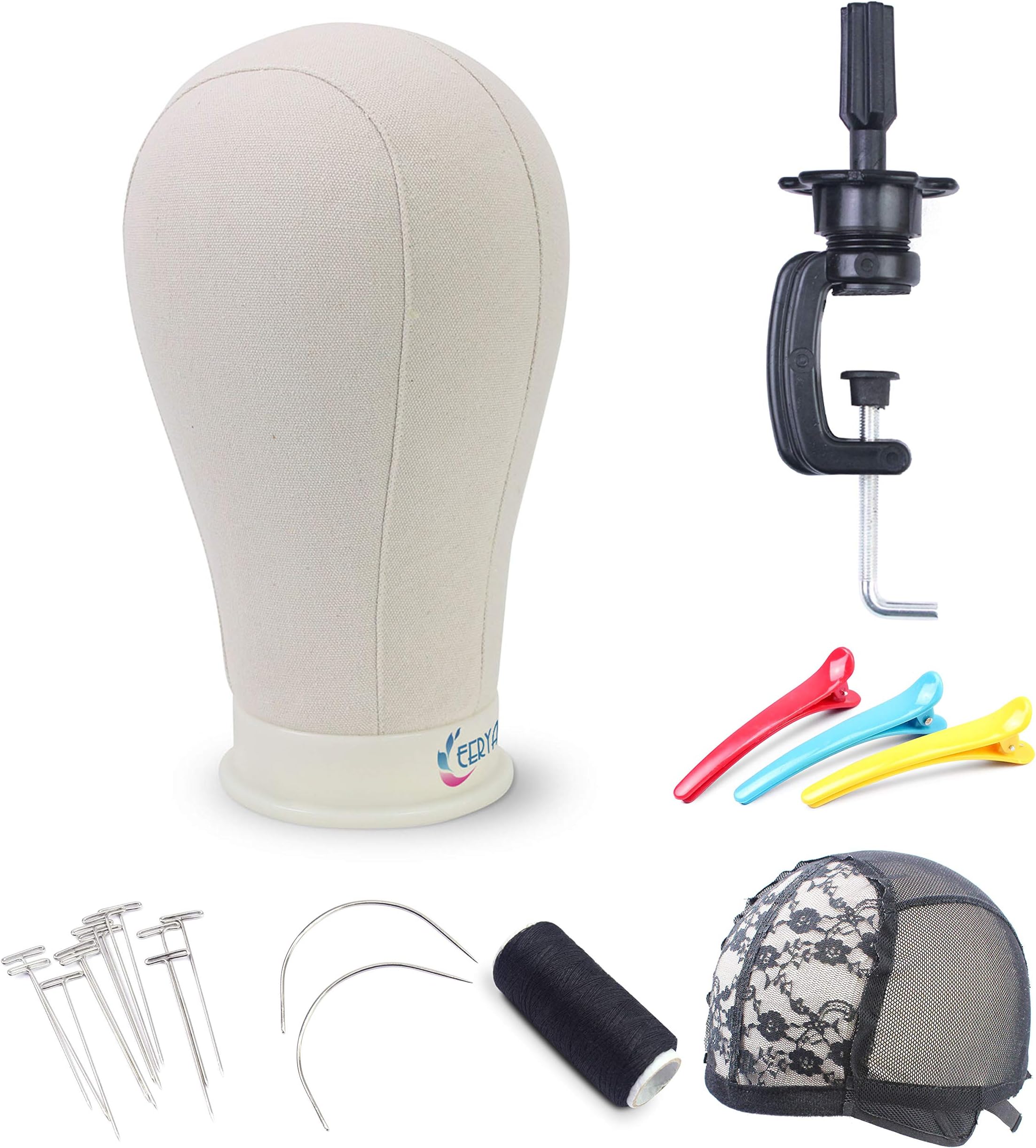 Eerya 21-24 Inch Canvas Block Head Set for Wig Display Making Hair Weave and Styling Mannequin Head with Mount Hole C Stand, Styling Hair Clips, T Needle, C Needles, Thread, Lace Wig Caps (22 Inch)