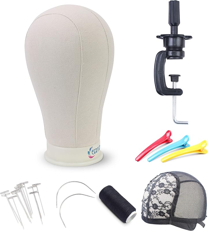 21-24 Inch Canvas Block Head Set for Wig Display Making Hair Weave and Styling Mannequin Head with Mount Hole C Stand, Styling Hair Clips, T Needle, C Needles, Thread, Lace Wig Caps (22 Inch)
