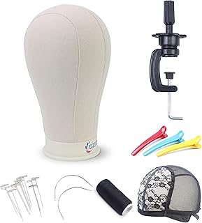 EERYA Canvas Block Head 24 Inch Wig Head Set for Wig Making Display Styling Poly Canvas Block Head with Stand Mannequin Head with Mount Hole Manikin Head Wig Head Stand (24inch)