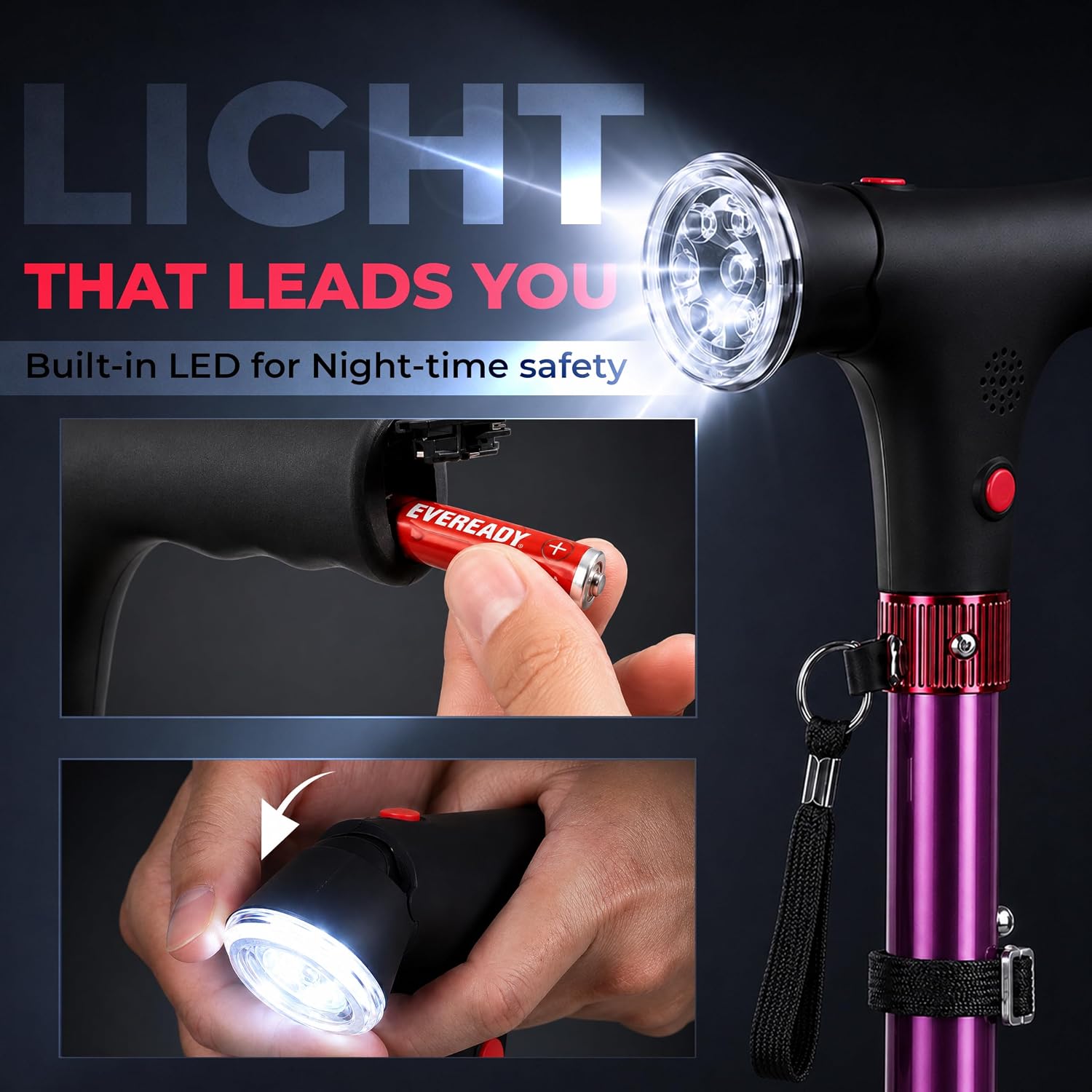 Shop LC Soulsmart Walking Quad Cane for Seniors Adults Men Women | Foldable, LED Light, SOS Alarm, 2 Handles, Adjustable Height, Lightweight Aluminum