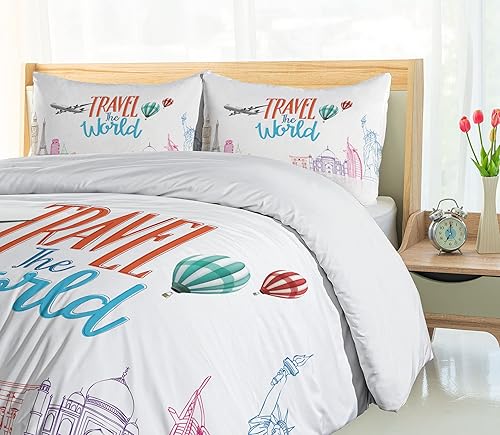 Miniatura 4 de Ambesonne Juego de funda de edredón con texto en inglés "Saying Travel The World Lettering with Around World Landmarks", imagen artística de globos