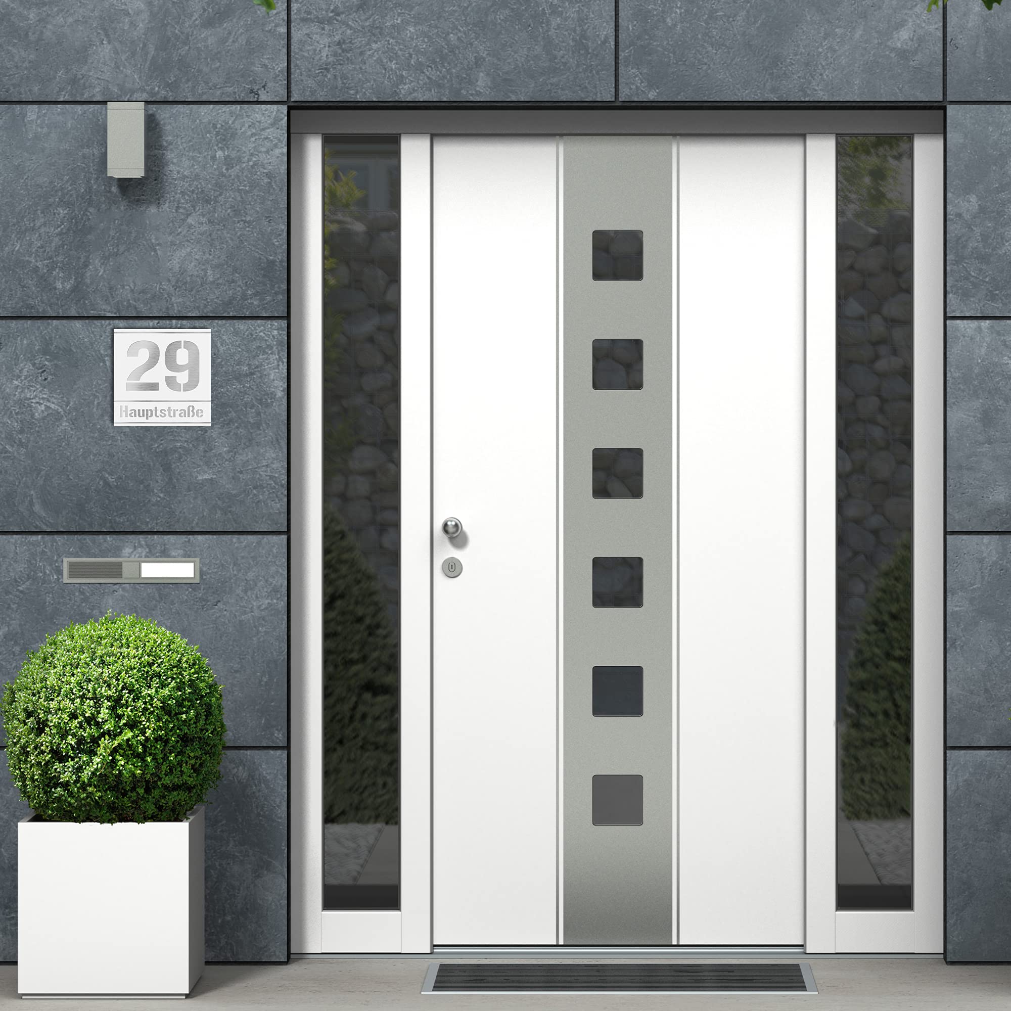 targhetta numero civico a due righe da esterno – 380x380 mm, bianco, acciaio inox V2A (AISI 304), personalizzabile