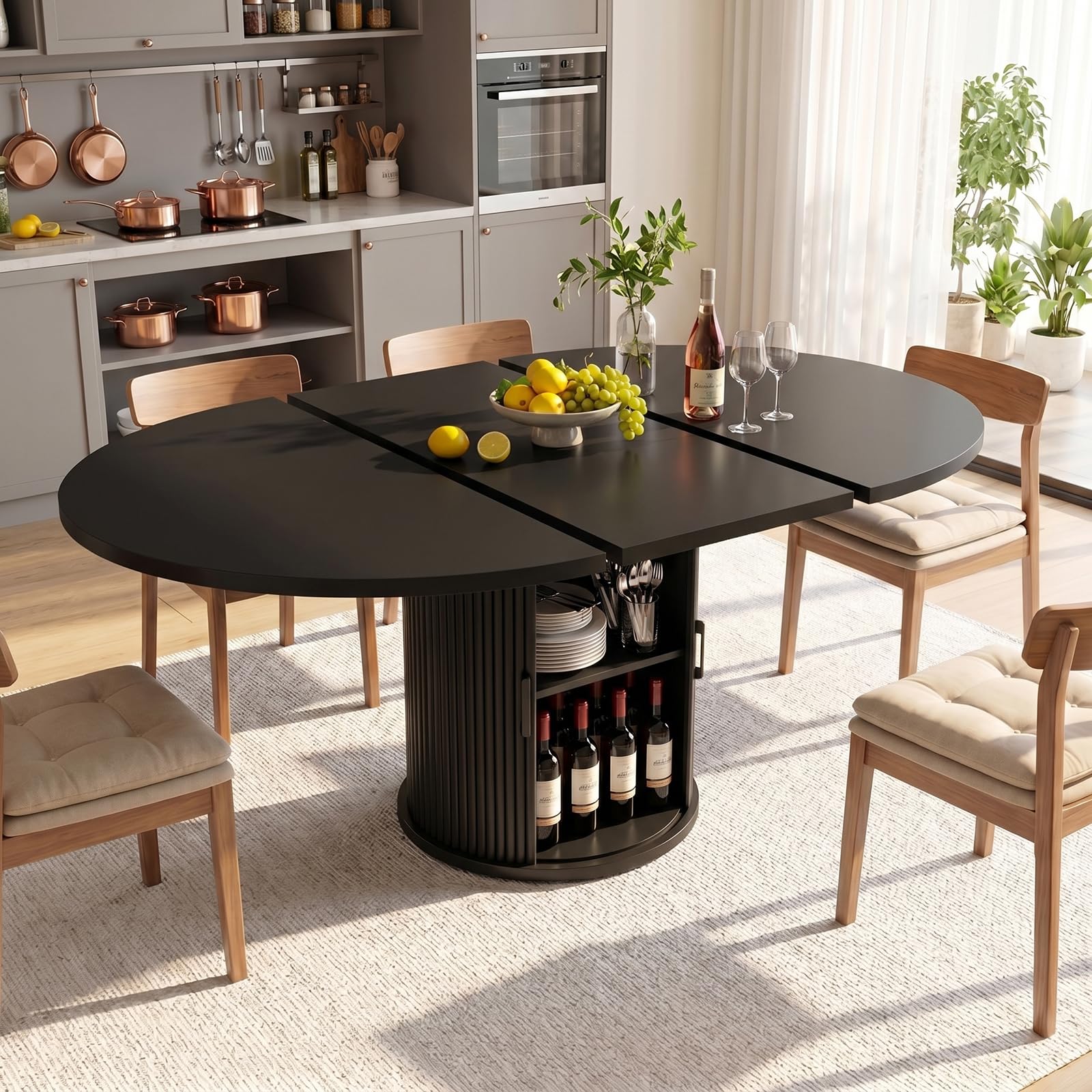 Table de salle à manger extensible ronde en bois massif pour 4 à 6 personnes - Design moderne - Gain de place - Parfaite pour la salle à manger et la cuisine