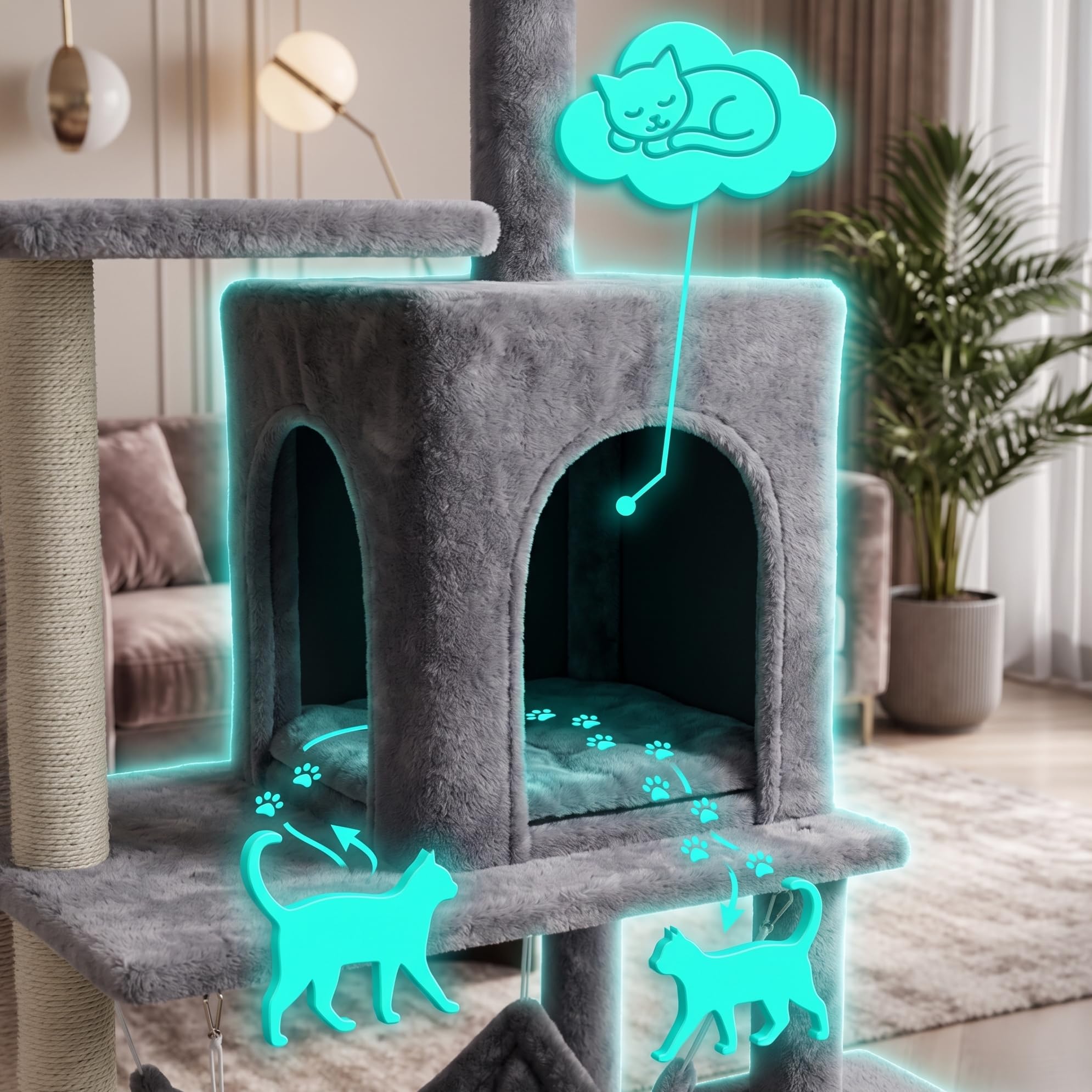 Kratzbaum mittelgroßer, Katzenbaum mit Katzenhöhle Rampe und Hängematte, Aktivitätskratzbaum mit Kratzsäule Plüschball 4 Ebenen 138 cm für Katzen grau BE-Active