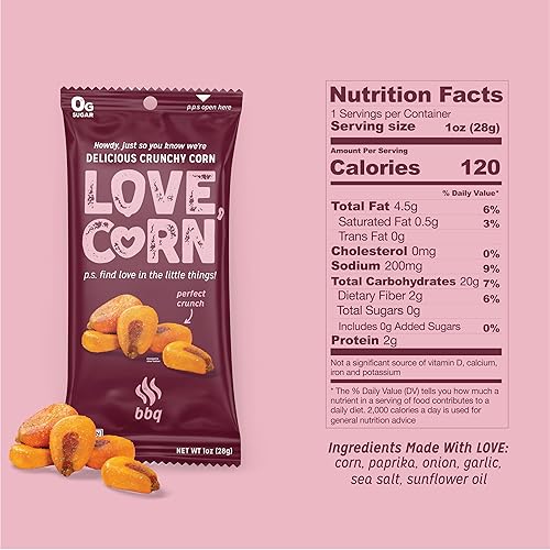 Miniatura 2 de LOVE CORN BBQ 0.7oz x 20 bolsas  Delicioso maíz crujiente  Snacks familiares saludables  Sin gluten, Kosher, sin OGM  Alternativa para papas fritas,