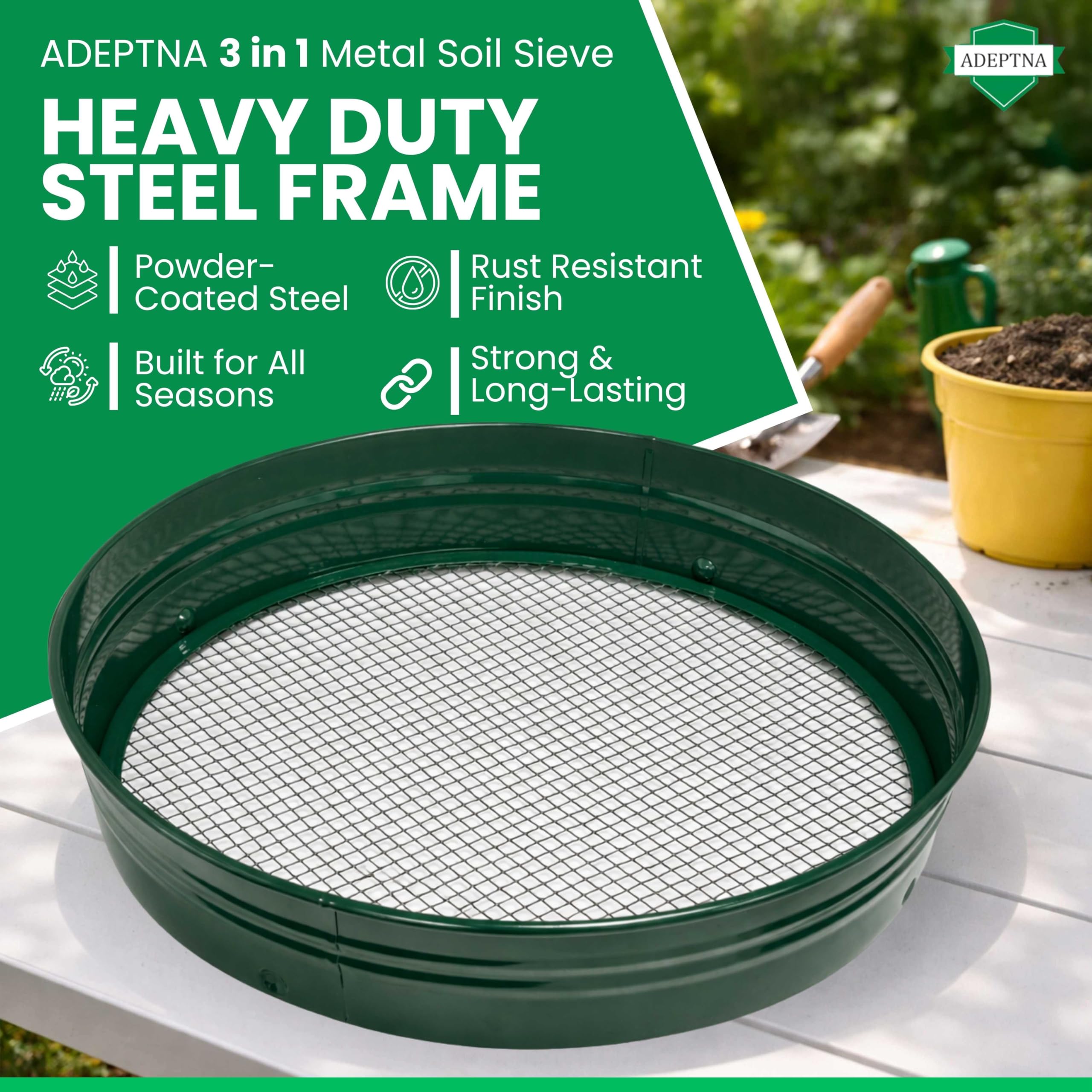 ADEPTNA Metal Garden Soil Sieve Riddle with Interchangeable Mesh 1/4 3/8 1/2 Inch Heavy Duty Steel Frame Compost Soil Stone Sifter for Gardening Lawn Planters (3 in 1) - 3