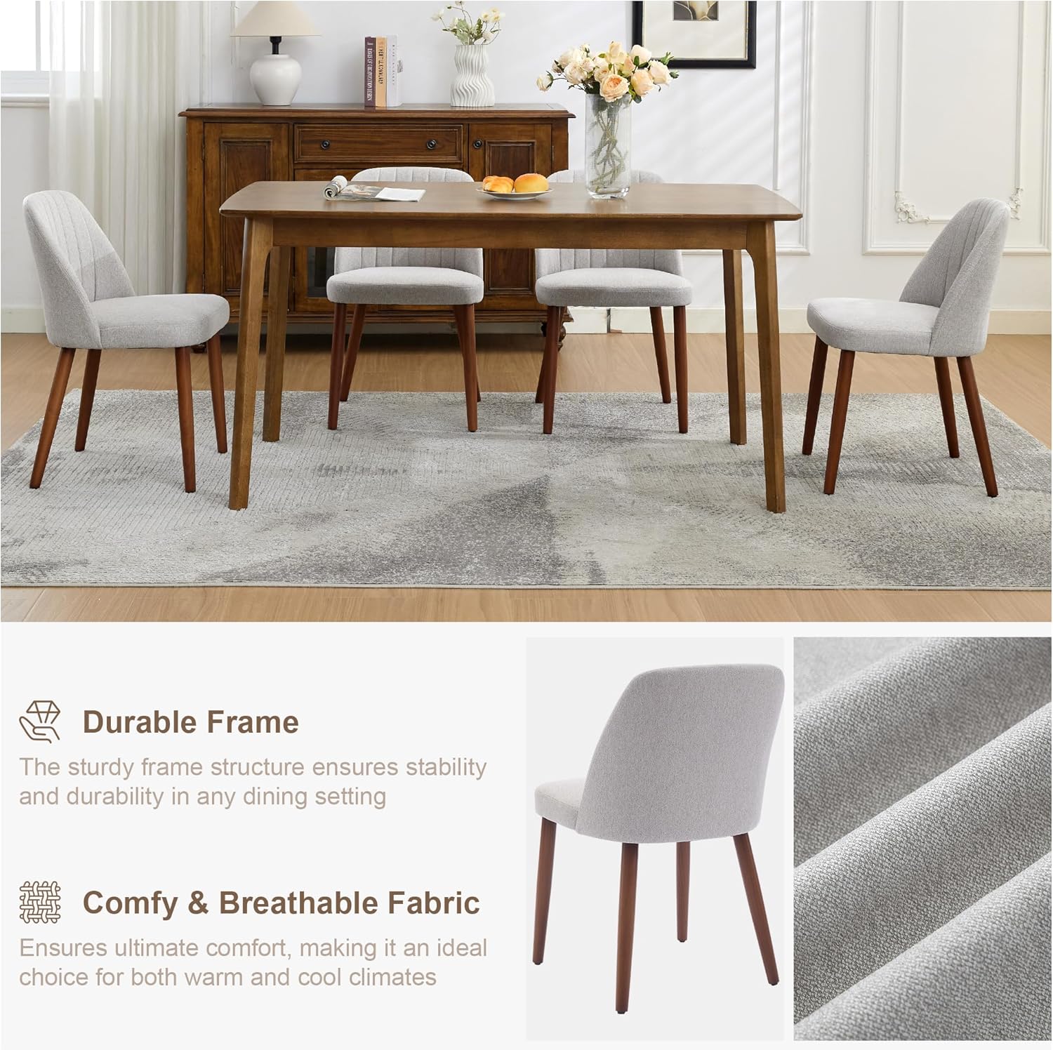 GarveeHome Wooden Dining Chairs Set of 2, Upholstered Kitchen Dining Room Chairs with Padded Seat and Wood Legs, Modern Fabric Side Dinner Chair for Kitchen, Dining Room, Restaurant, Cafe, Grey