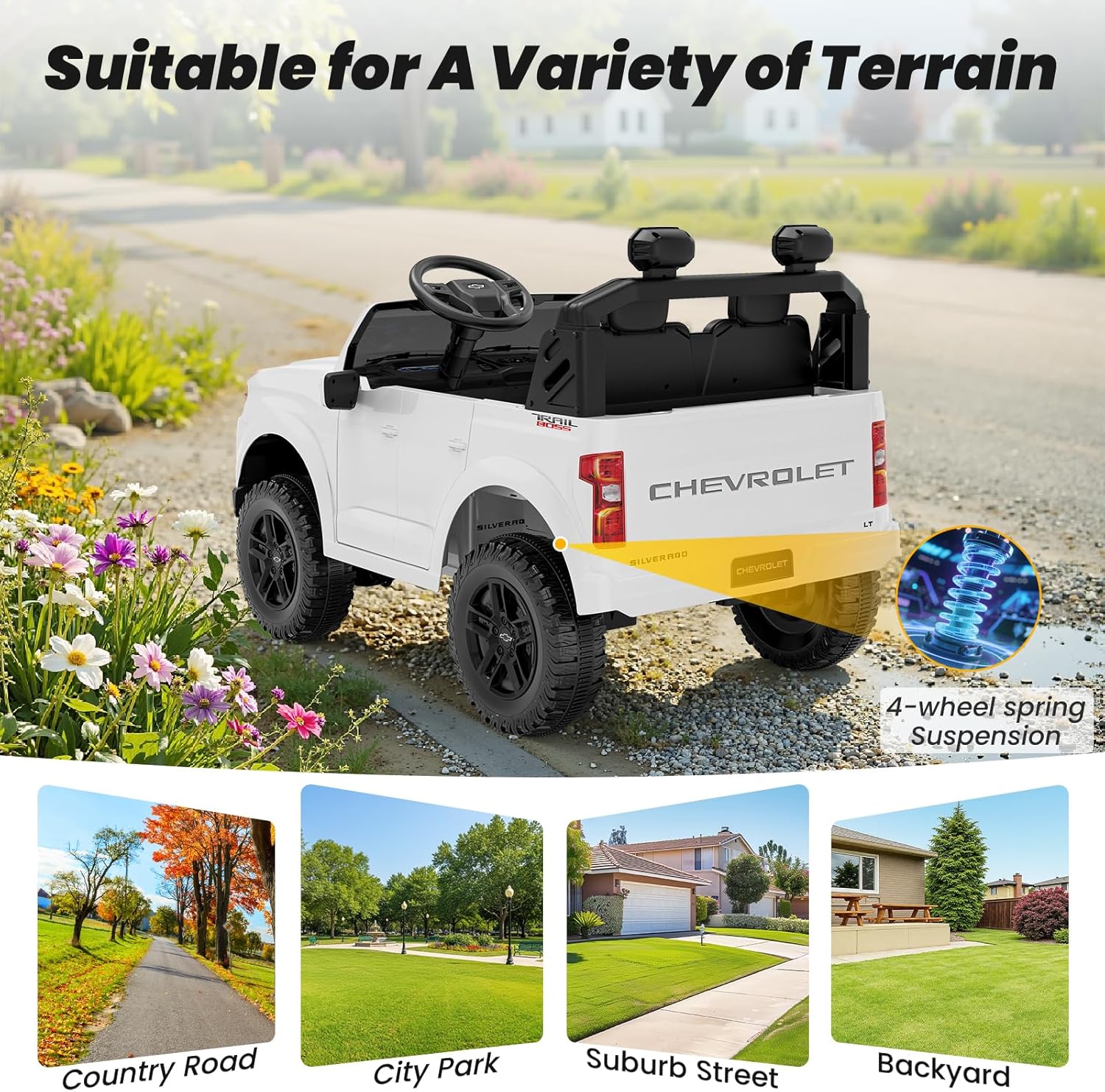 Licensed Chevrolet Silverado 24V 2-Seater Ride on Truck, Modern White 2-Seater Electric Car, Unisex Pickup for Kids with Parental Remote Control, All-Terrain Power, LED & Bluetooth (White)