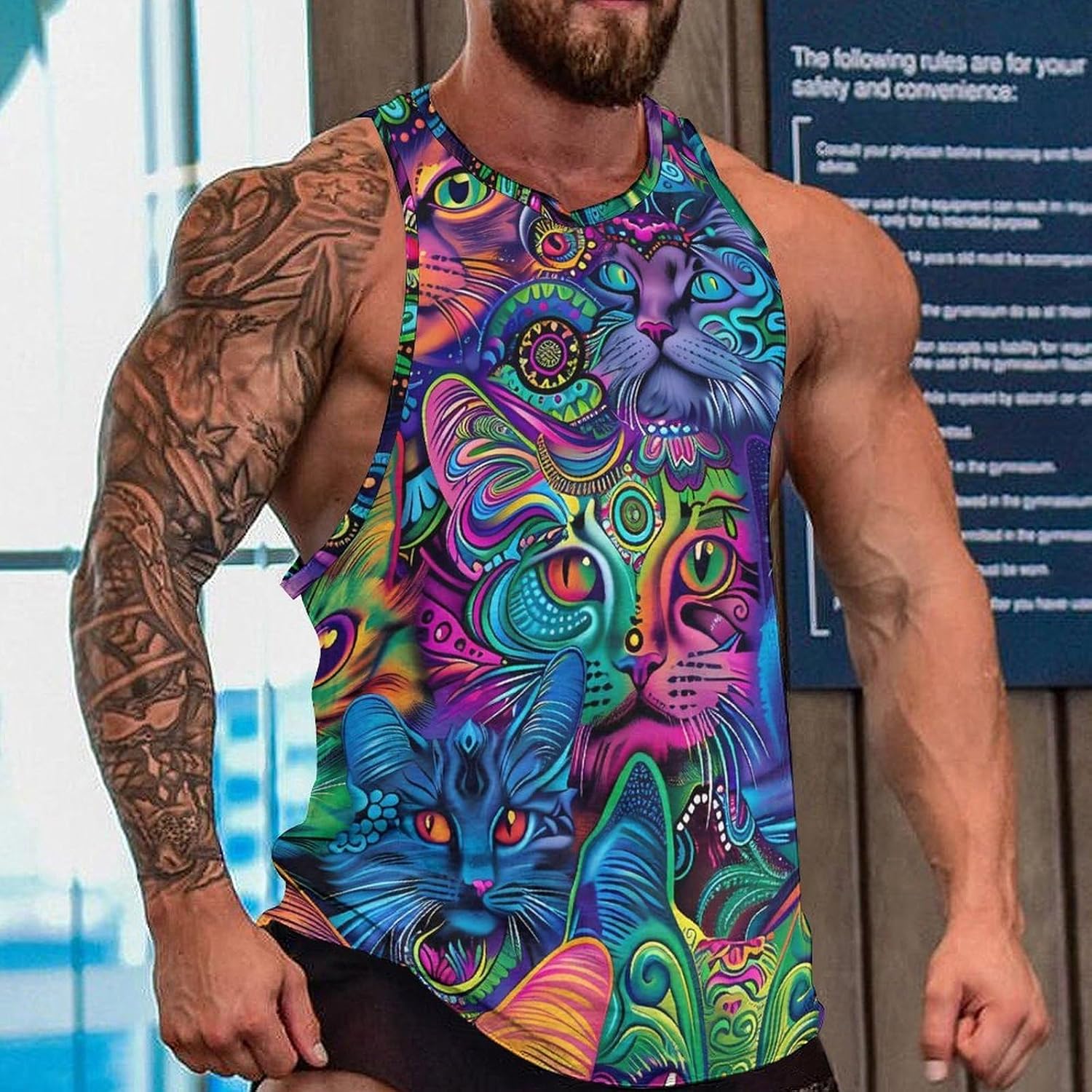 Colorful Cat Faces Mens Breathable Printed Tank Top 5XL