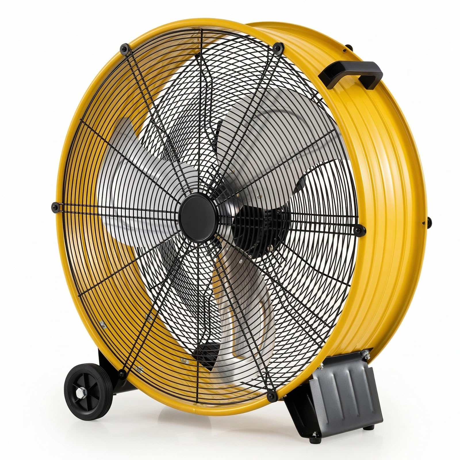 TANGZON 24"/59cm Industrial Drum Fan, 180W High Velocity Cooling Fan with 3 Speeds, Wheels & Handle, Portable Floor Standing Fans for Home Office Gym Garage Warehouse (Yellow)