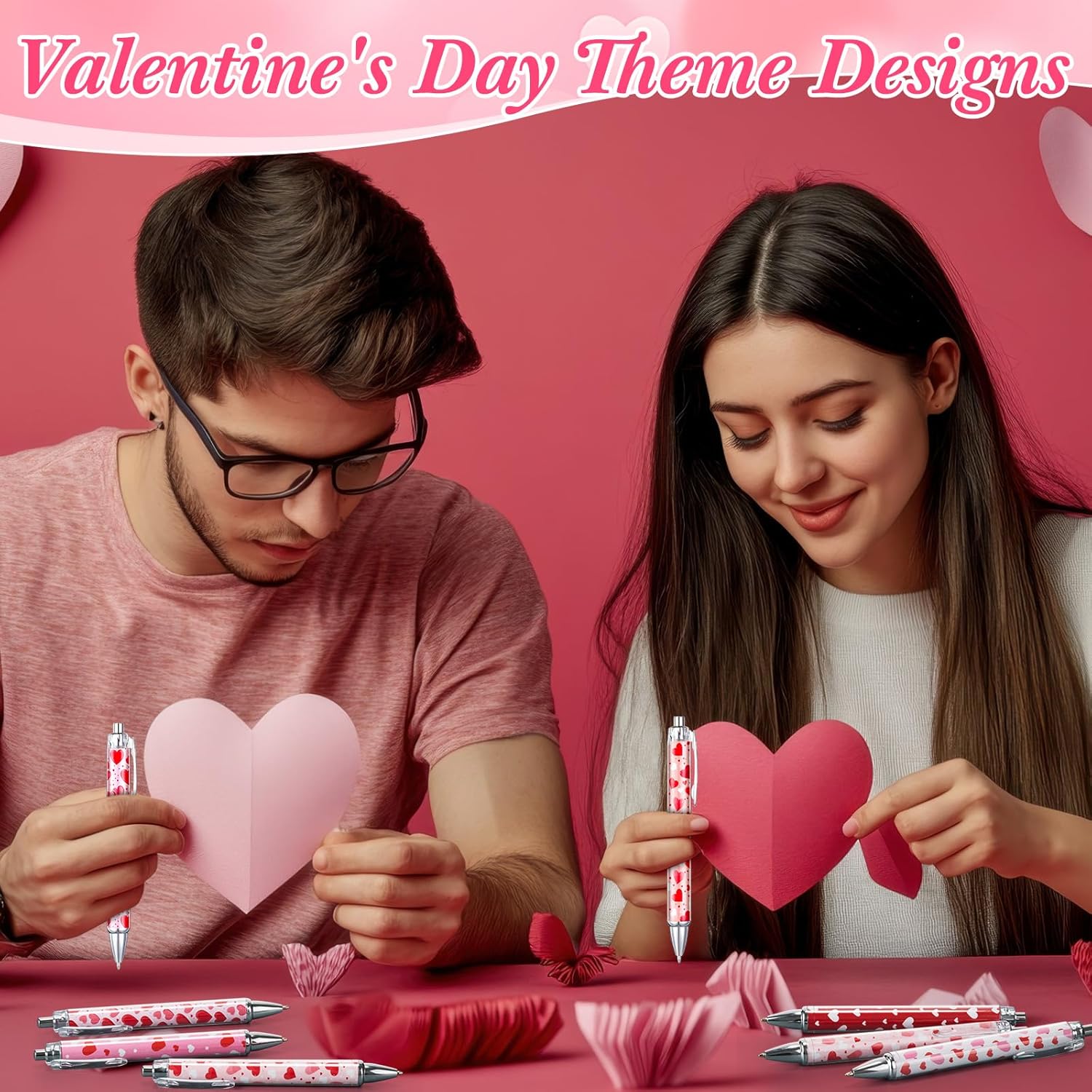 50 Pcs Valentine's Day Pens Bulk Retractable Ballpoint Pens Black Ink Cute Heart Love Shaped Appreciation Gift Bag Office Supply Stationery for Coworkers Wedding Party Supplies School Classroom