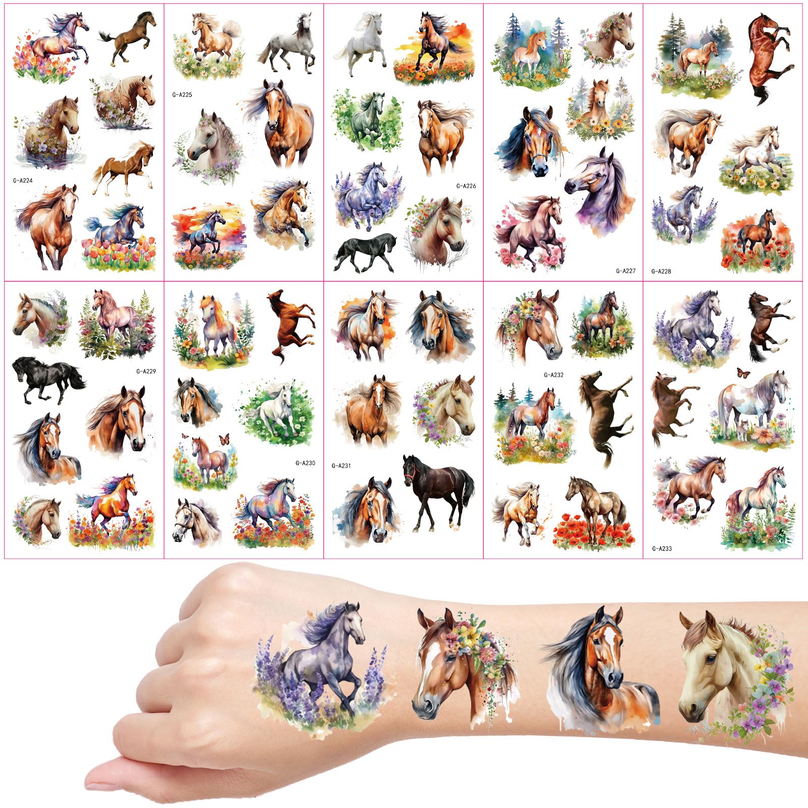Pferde Tattoos für Kinder, 10 Blätter Pferde Temporäre Tattoos, Kinder Tattoo Hautfreundlich, Schultüte Füllung, Mitgebsel Kindergeburtstag