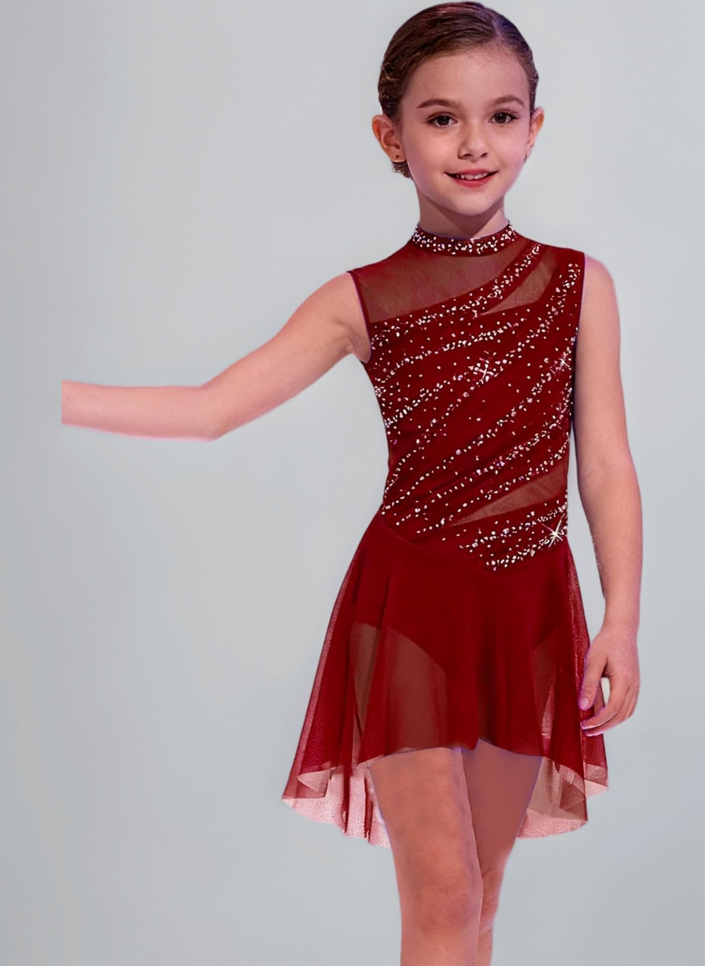 Kids Girls Lyrical Dance Dress Sleeveless Ballet Dance Skirted Leotard Sparkly Rhinestone Figure Skating Dresses