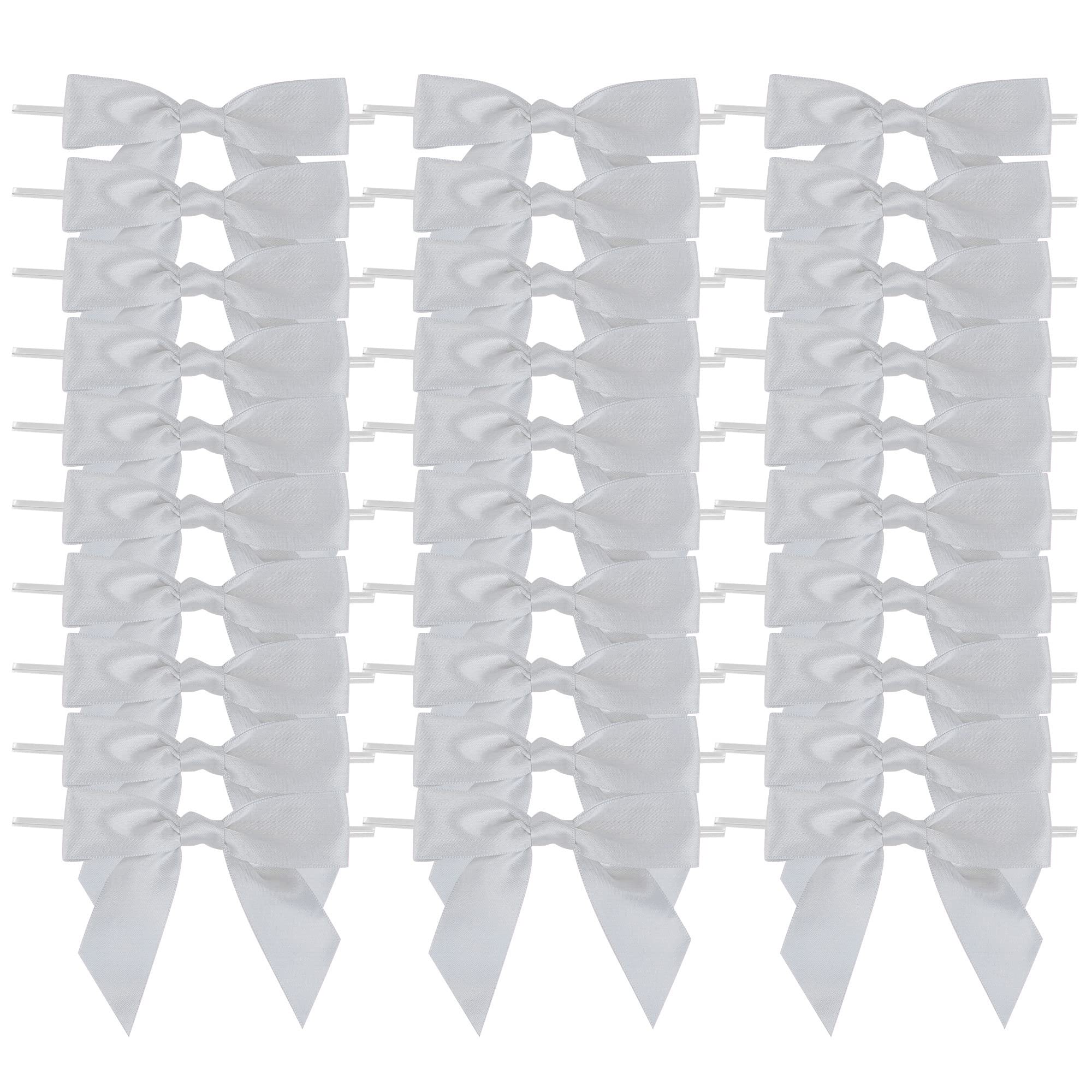 AIMUDI Silver Satin Ribbon Twist Tie Bows 3.5" Pretied Bows Premade Craft Bows for Treat Bags Cake Pop Gift Wrapping Basket Wedding Favors Cookie Candy Bagging Baby Shower - 50 Counts