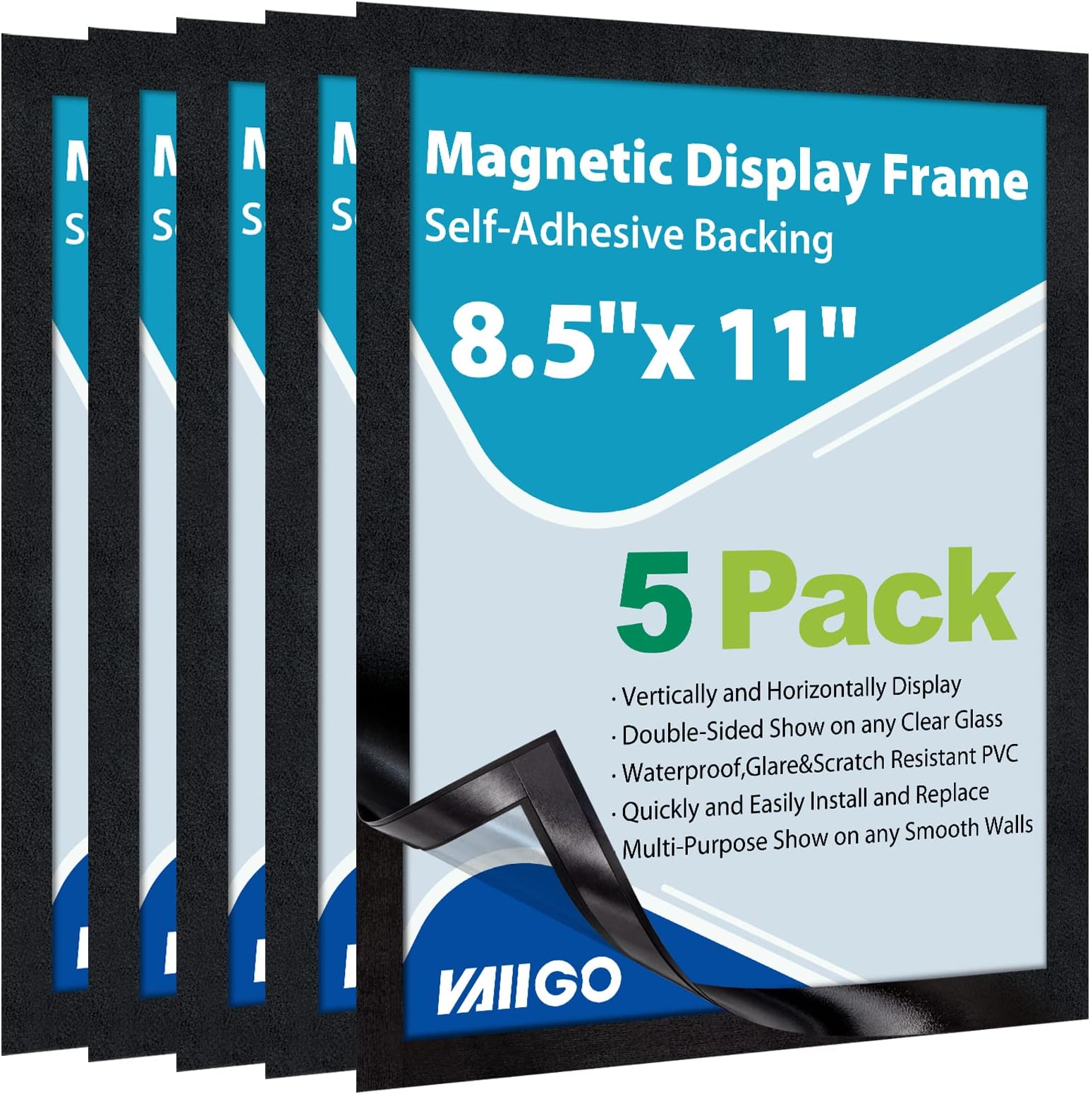 8.5"x 11" Self Adhesive Magnetic Sign Holder, Double Sided Window Magnetic Display Frame with Clear PVC and Strong Magnetic for Office/Store/Door/Glass/Refrigerator Display Frame(Black, 5Pack)