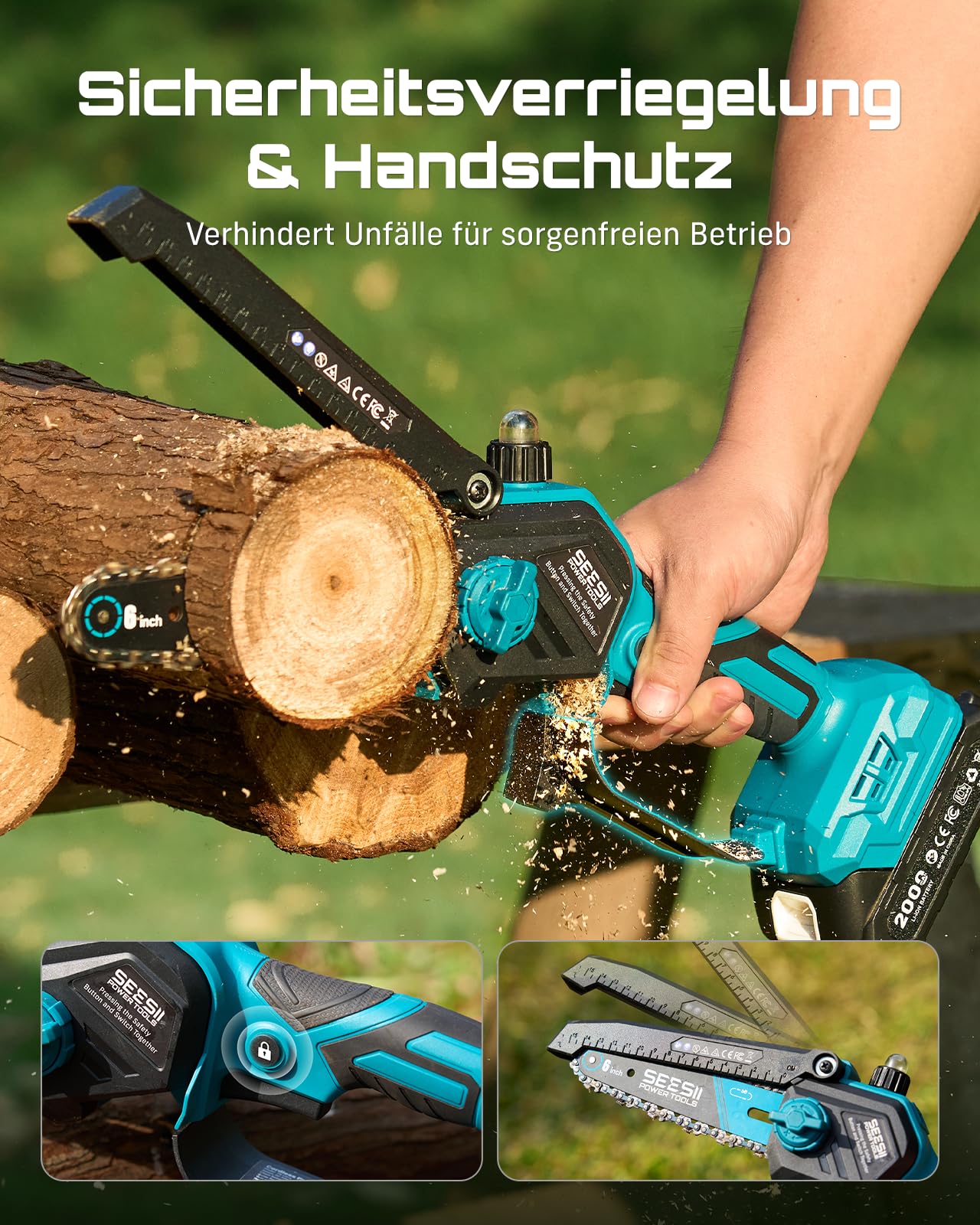 SEESII 2-in-1 Akku Hochentaster, 6-Zoll Bürstenlose Mini-Kettensäge mit 2 x 4000 mAh Batterien, 4.87m Reichweite, Kompatible mit Makita Akku 18V, für Baum Trimmen Ast Schneiden Gartengerät