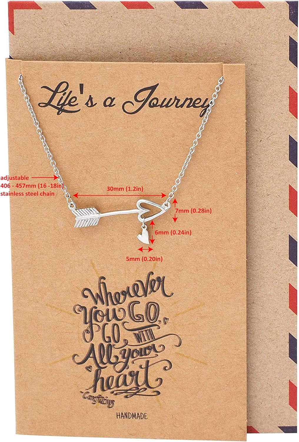 quan jewelry Arrow Necklace with Heart Charm Sideways Arrow Pendant, Graduation Gifts Dream Necklace with Inspirational Quote Greeting Card, Adjustable Chain 16" to 18" Silver Tone
