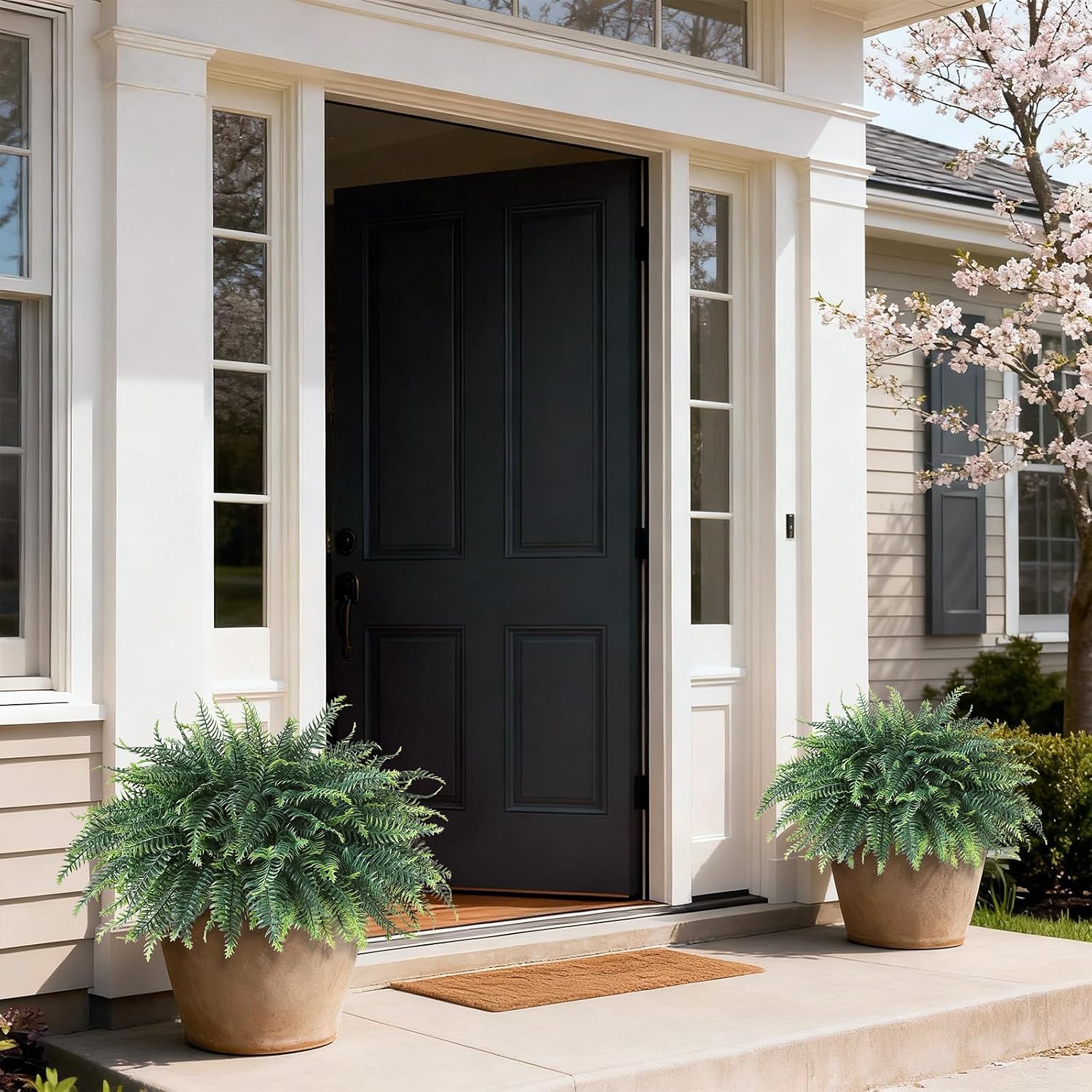 FOTEEWL Artificial Ferns Potted Plant for Front Door Decoration - 2 Sets UV Resistant Realistic Bush Faux Greenery Fern Potted Fake Plants for Home Garden Porch Farmhouse Decor