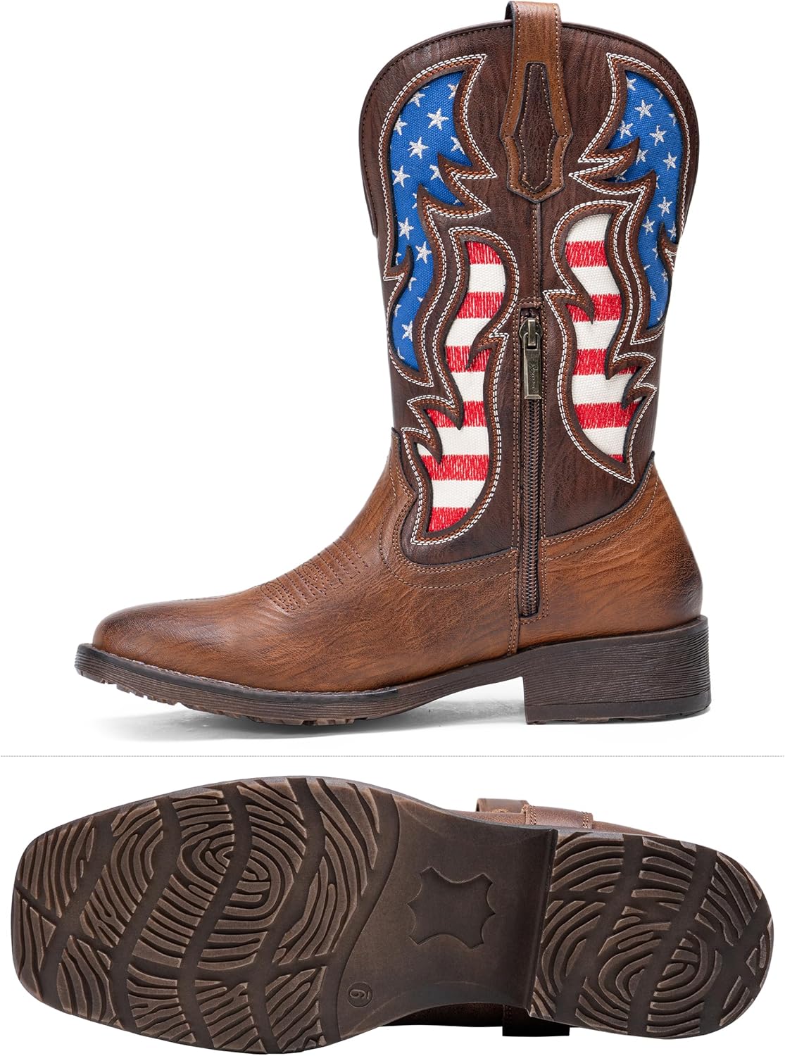 Jousen Cowboy Boots for Men Western Boot Side Zipper American Flag Retro Square Toe Mid-Calf Mens Boots