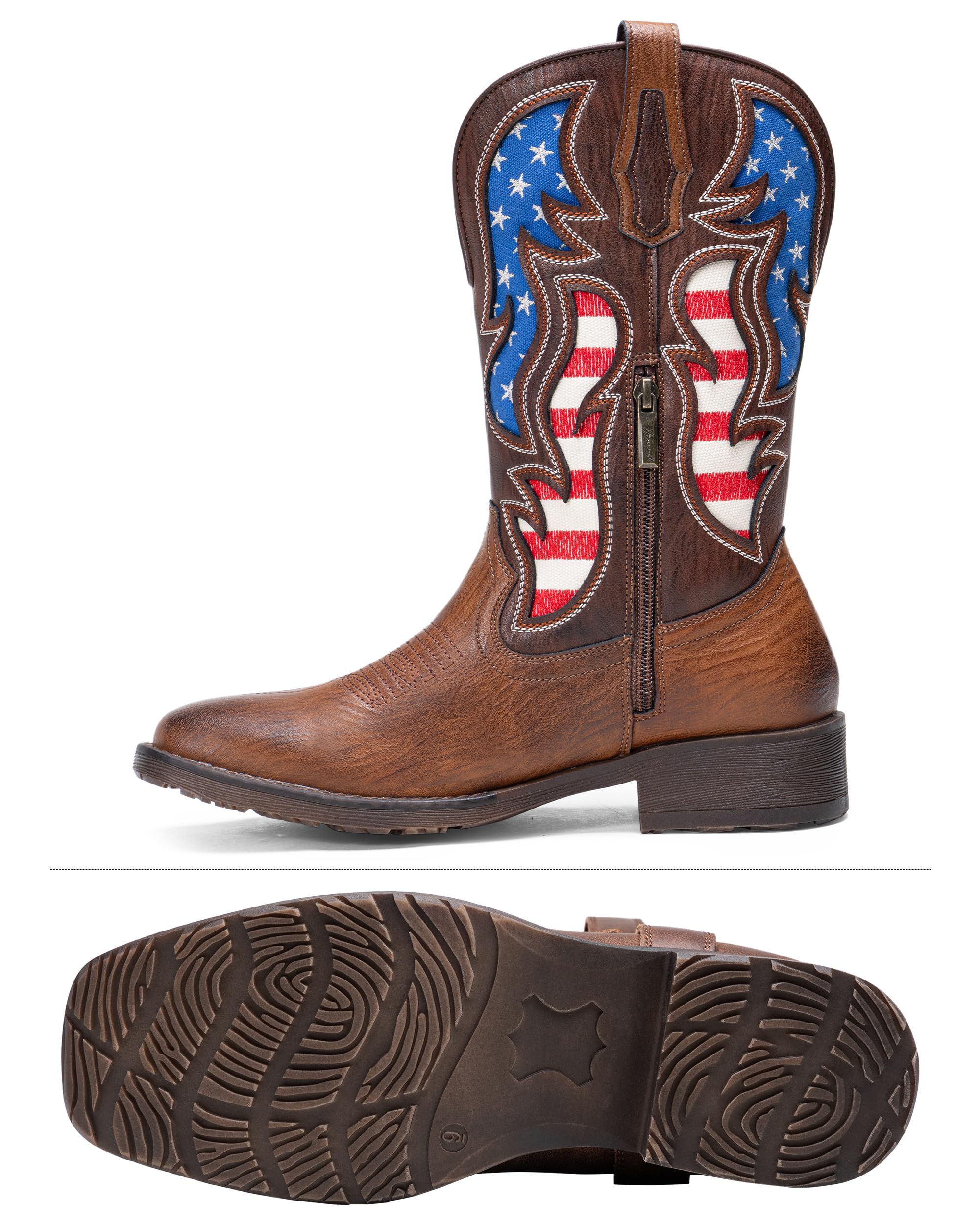 Jousen Cowboy Boots for Men Western Boot Side Zipper American Flag Retro Square Toe Mid-Calf Mens Boots - 5