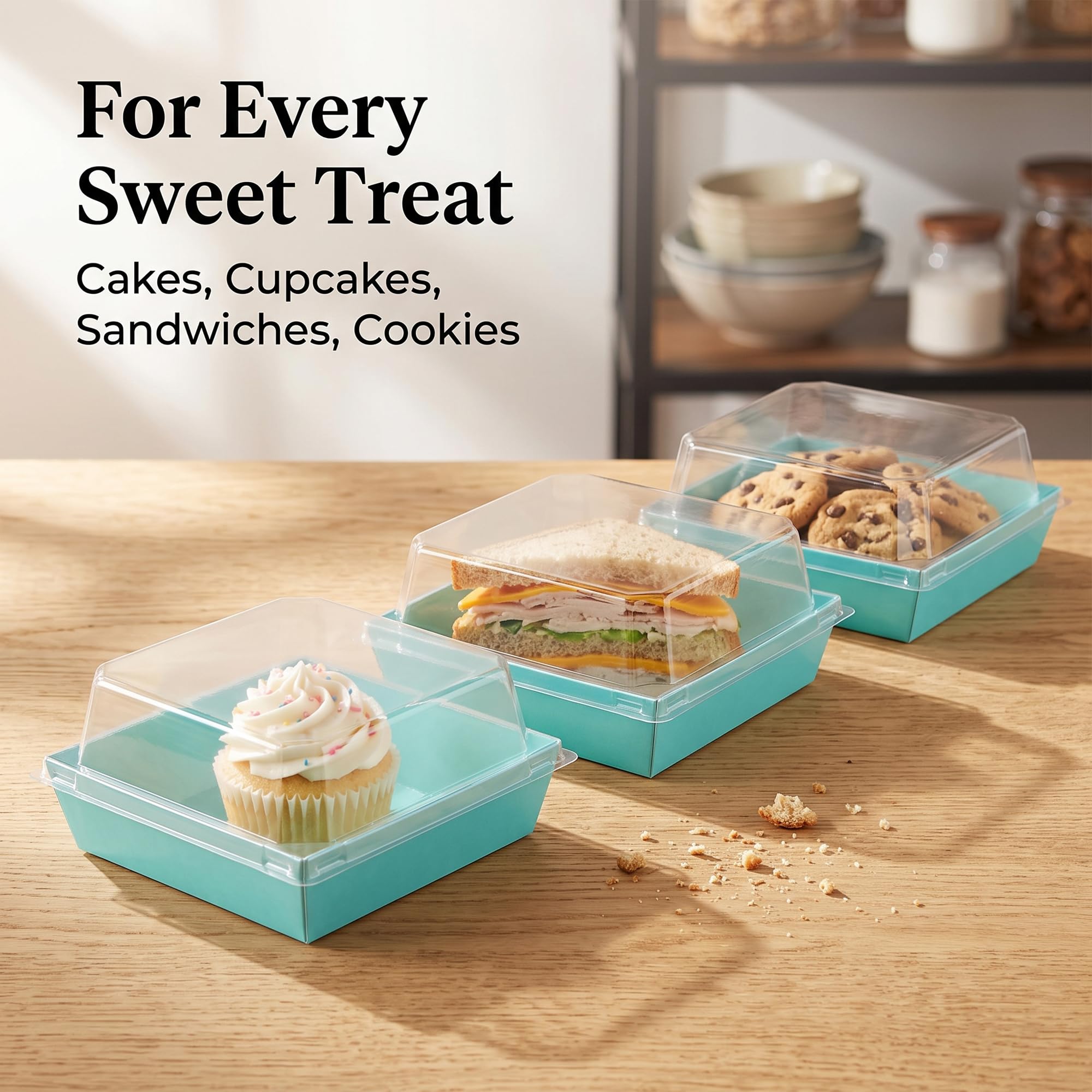 100 scatole quadrate per torte, 13,5 x 12,5 x 6 cm, in carta kraft, con coperchi trasparenti in plastica, scatole per dessert, cupcake, panini, biscotti