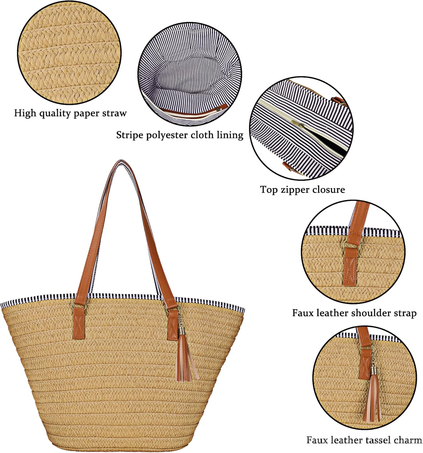 Womens Large Straw Shoulder Bag Beach Tote Handbag Purse with Tassel for Summer - Image 6
