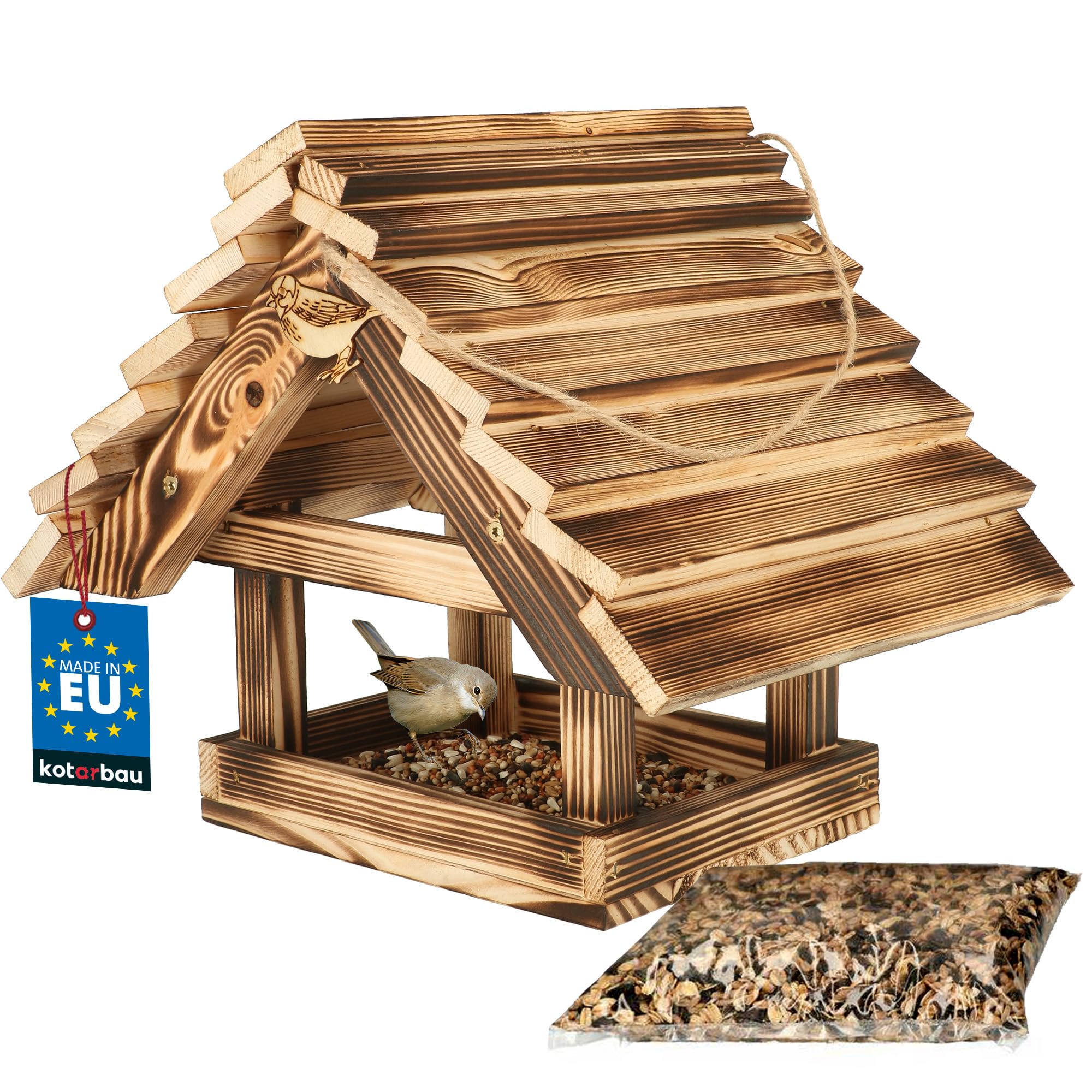 KOTARBAU® Mangiatoia da Esterno in Legno - Casetta Per Uccelli - 36 x 27,5 x 30 cm - Legno Bruciato Chiaro - Mangiatoia Uccelli Selvatici - Da Esterno Con Cibo 0.5 kg