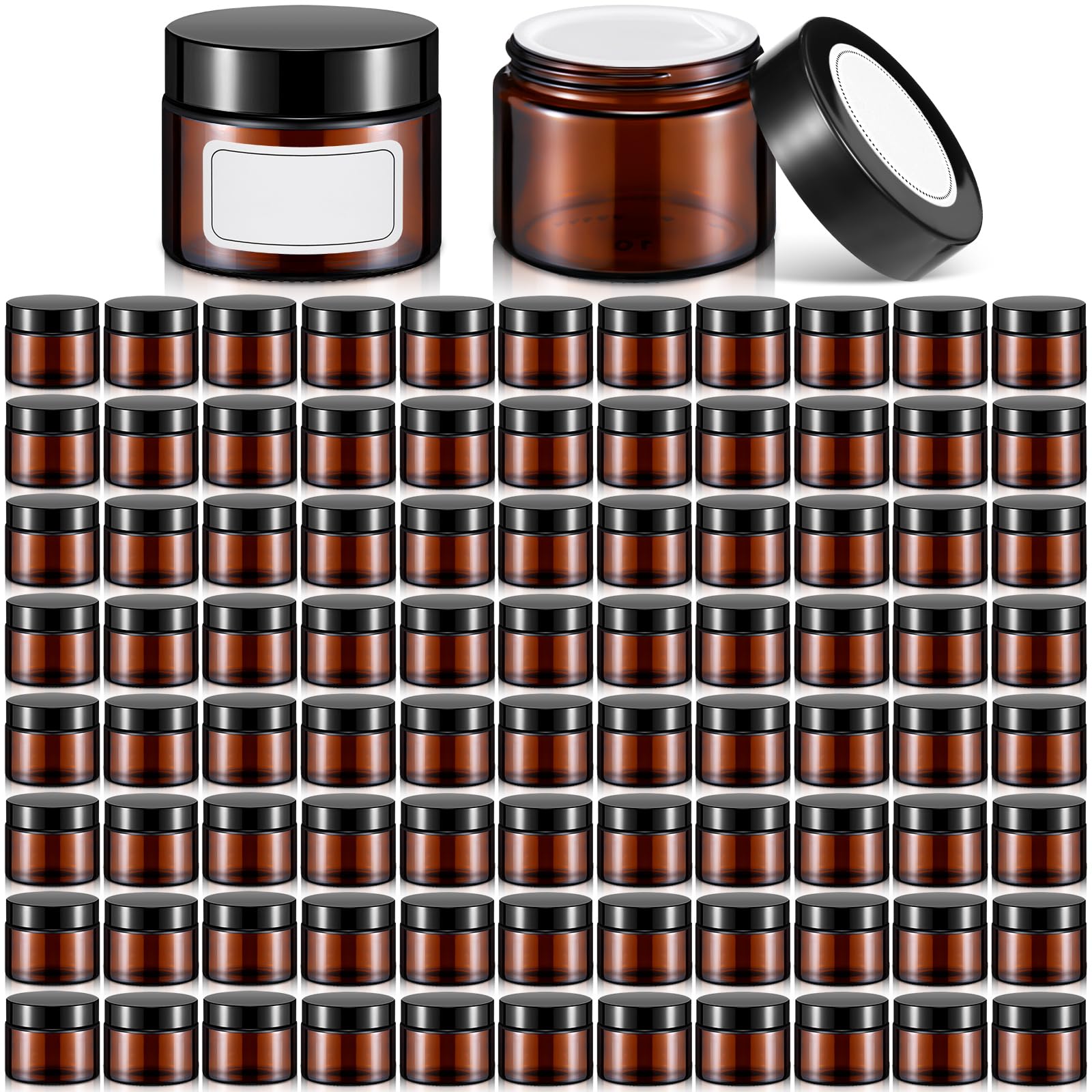 Layhit 90 Pcs 2 oz Glass Jars with Lids Bulk, Small Jars Containers Travel Storage Jar with Inner Liners Labels for Lotions, Cream, Lip Balm (Amber,