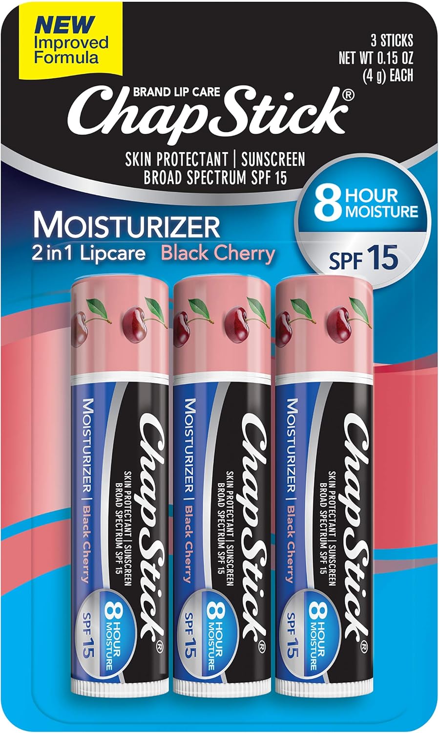 Chapstick Moisturizer Black Cherry Lip Balm Tubes SPF 15 Sunscreen and Skin Protectant, 0.15 Ounce, 3 Count : Beauty & Personal Care