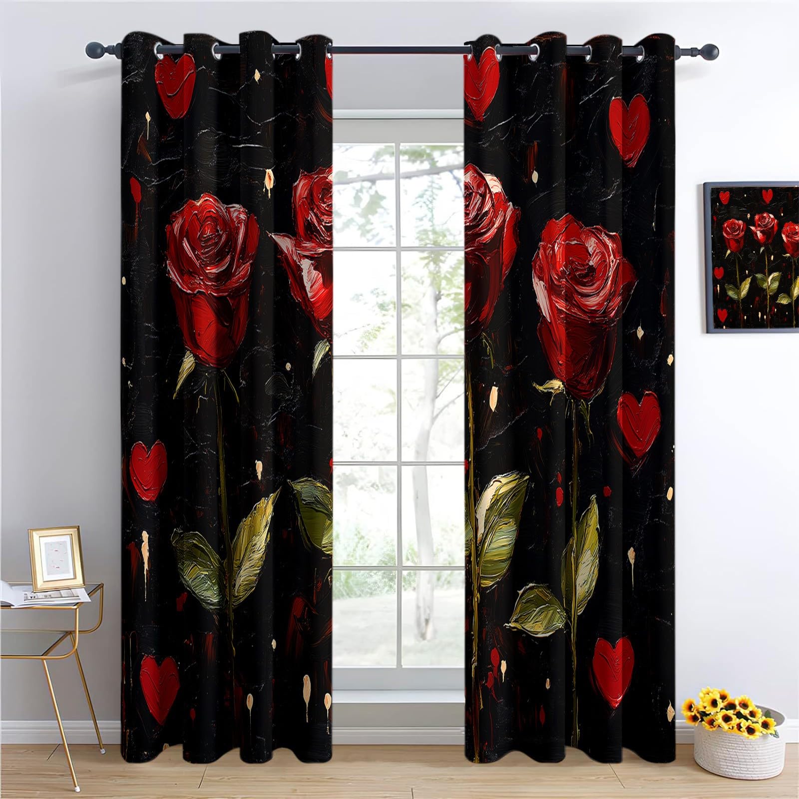 Wakacyjne czerwone róże serce termiczna zasłona zaciemniająca 117 x 229 cm zestaw 2 sztuk, zasłony okienne do salonu, domu, izolacja termiczna, ochrona przed zimnem, czarna