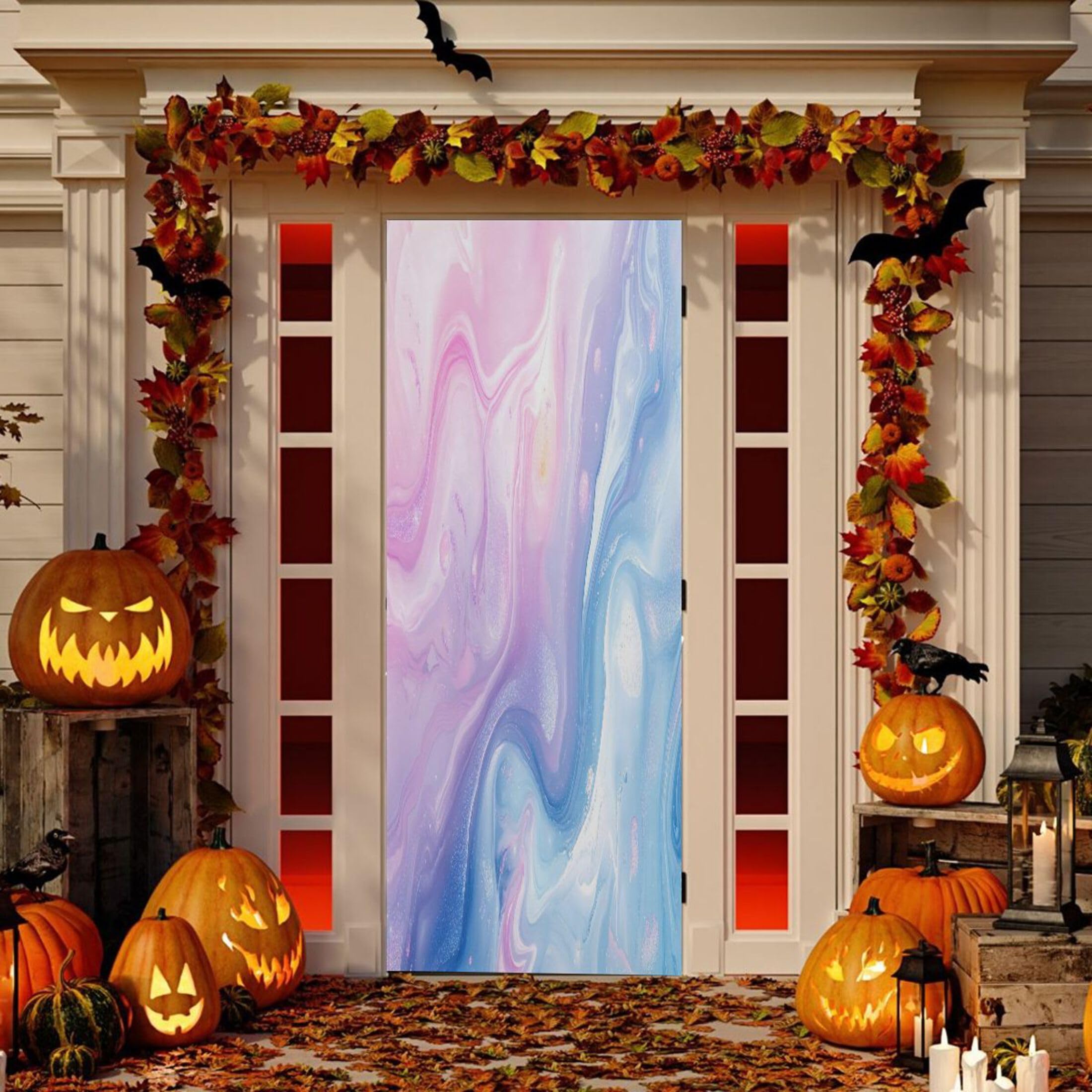 Housse de porte de porche marbrée tissu élastique extensible déco fête